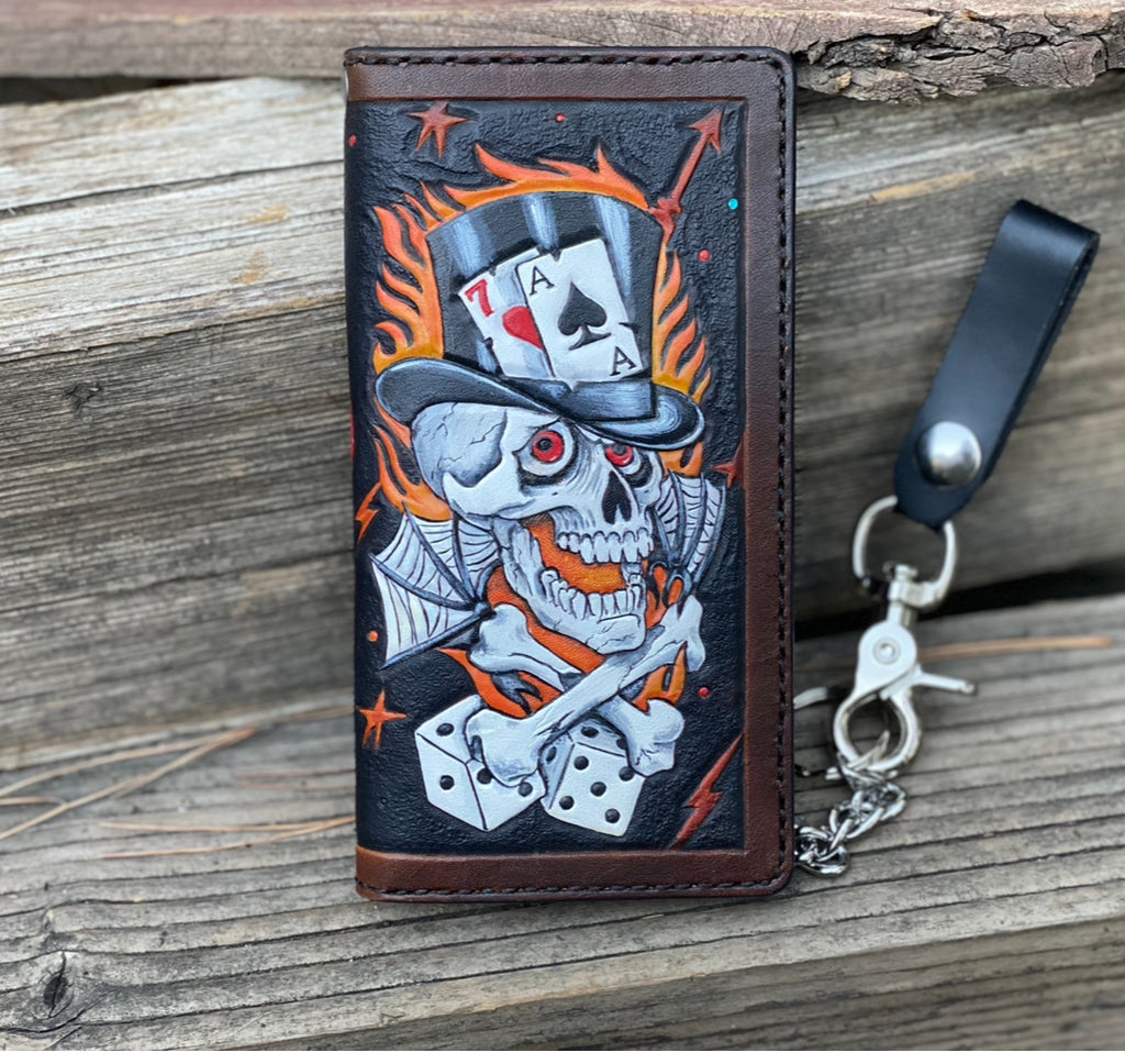 Lucky 7 Gambler Wallet - Tattoo Style Hand Tooled Biker Long Wallet - Handmade in the USA