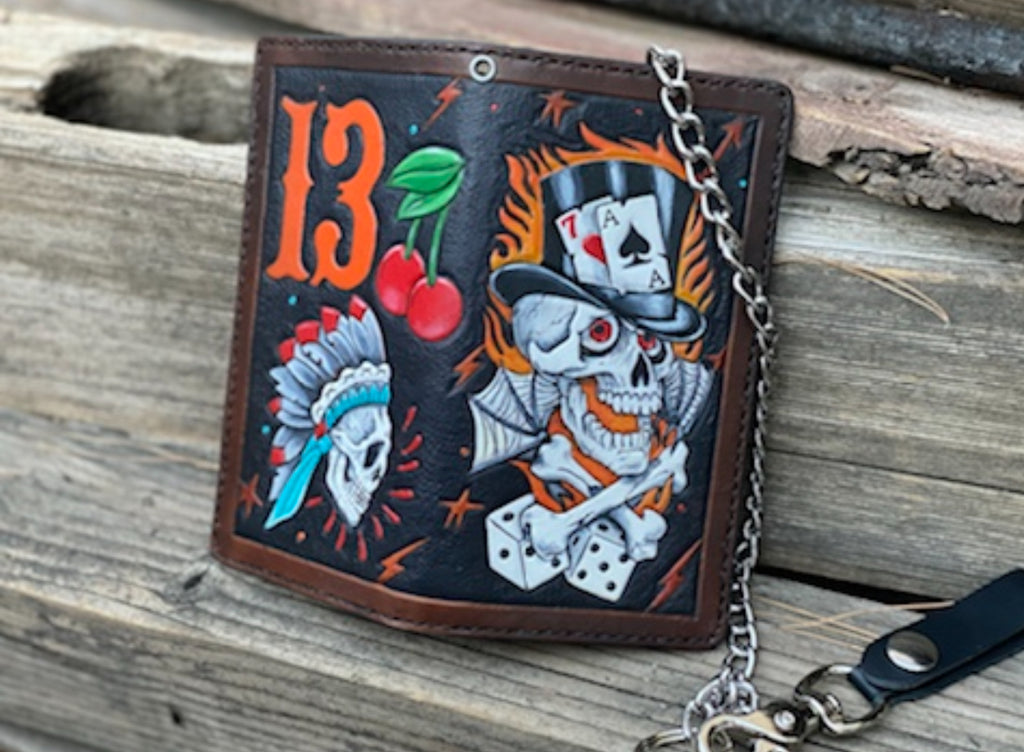 Lucky 7 Gambler Wallet - Tattoo Style Hand Tooled Biker Long Wallet - Handmade in the USA