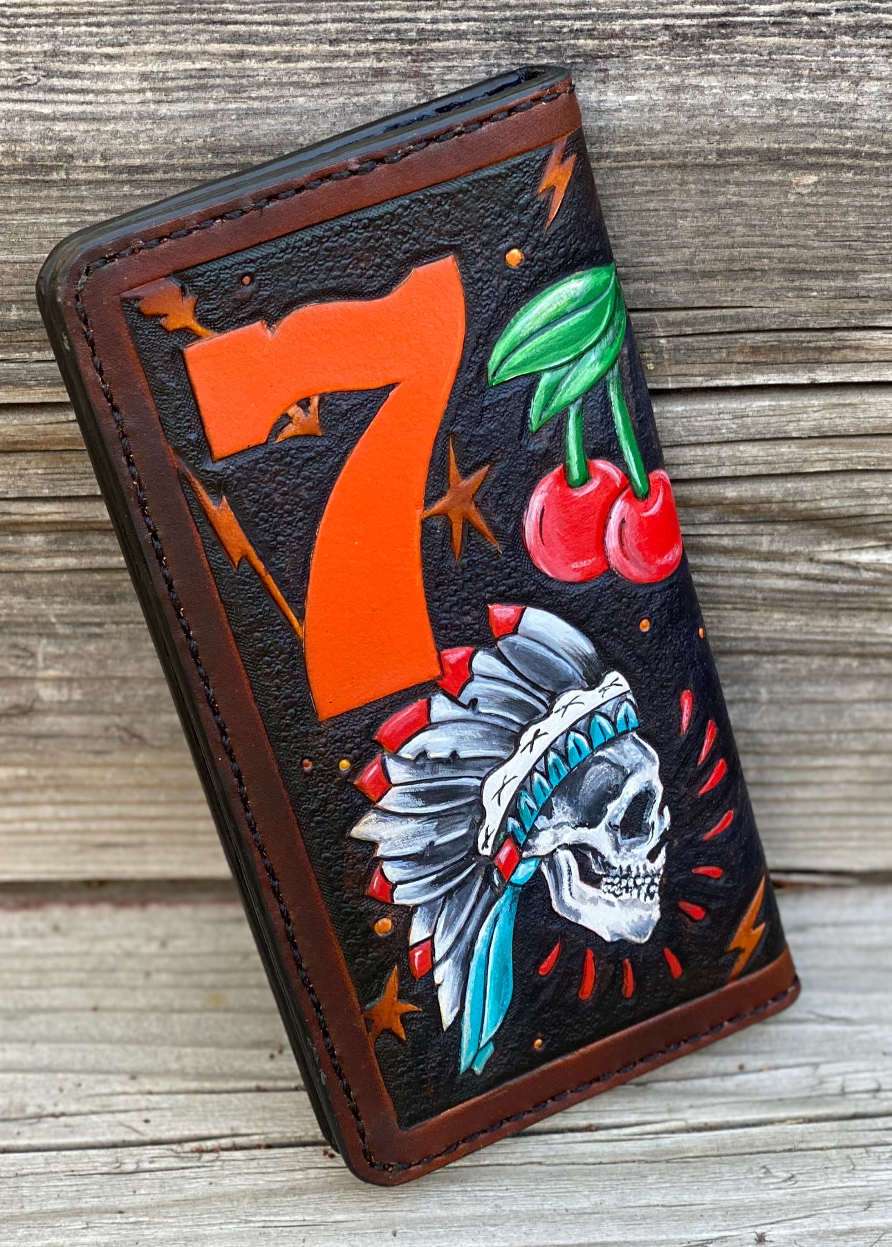 Lucky 7 Gambler Wallet - Tattoo Style Hand Tooled Biker Long Wallet - Handmade in the USA