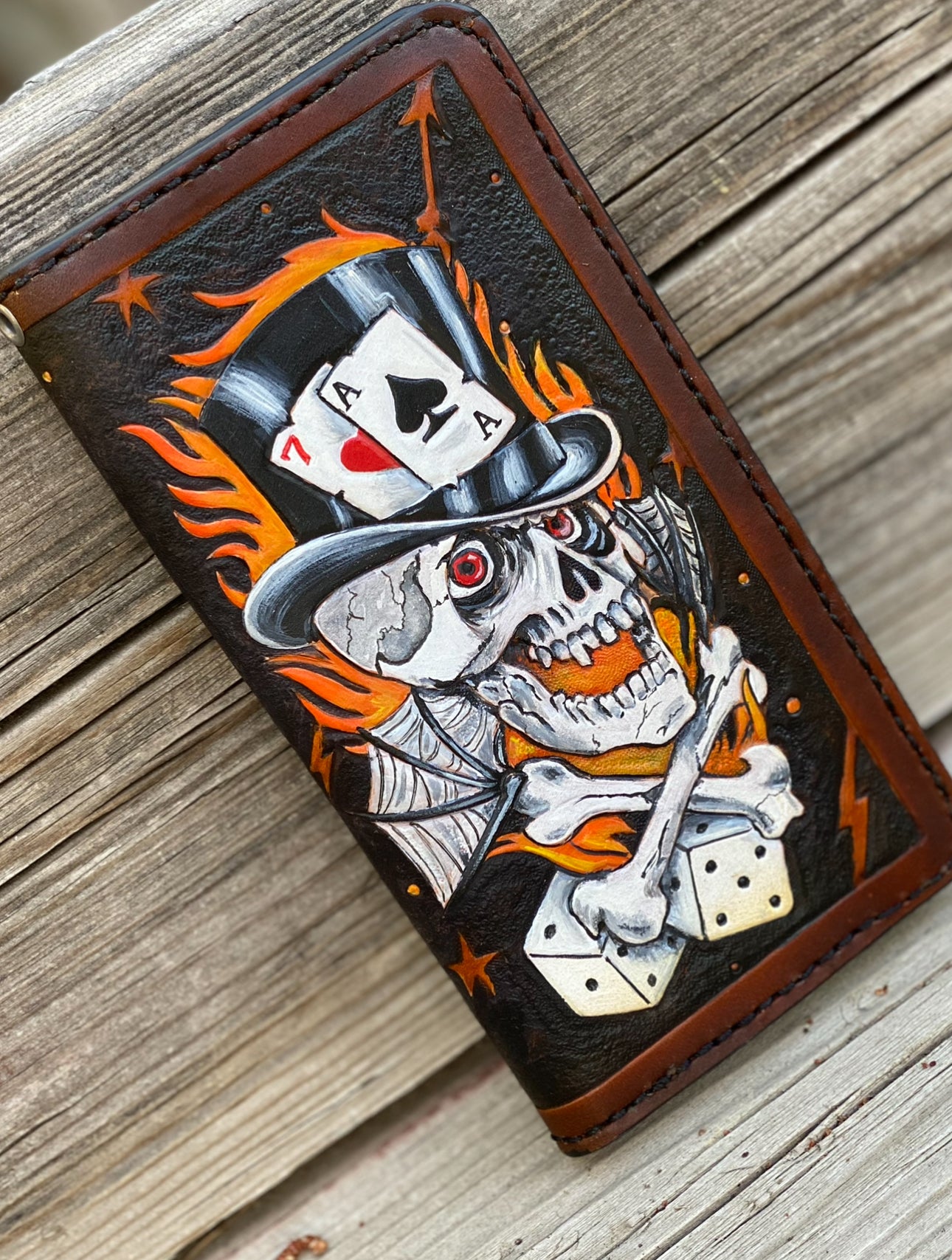 Lucky 7 Gambler Wallet - Tattoo Style Hand Tooled Biker Long Wallet - Handmade in the USA