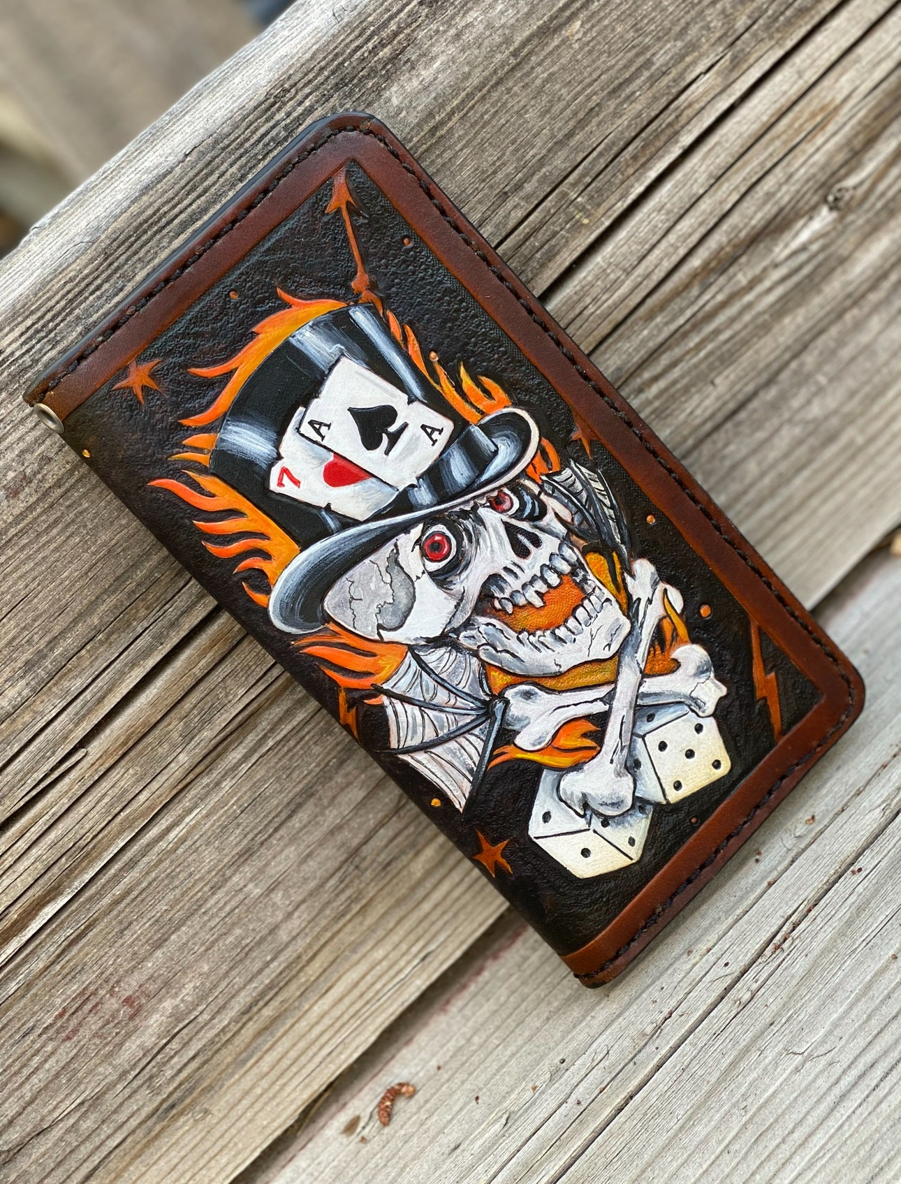 Lucky 7 Gambler Wallet - Tattoo Style Hand Tooled Biker Long Wallet - Handmade in the USA