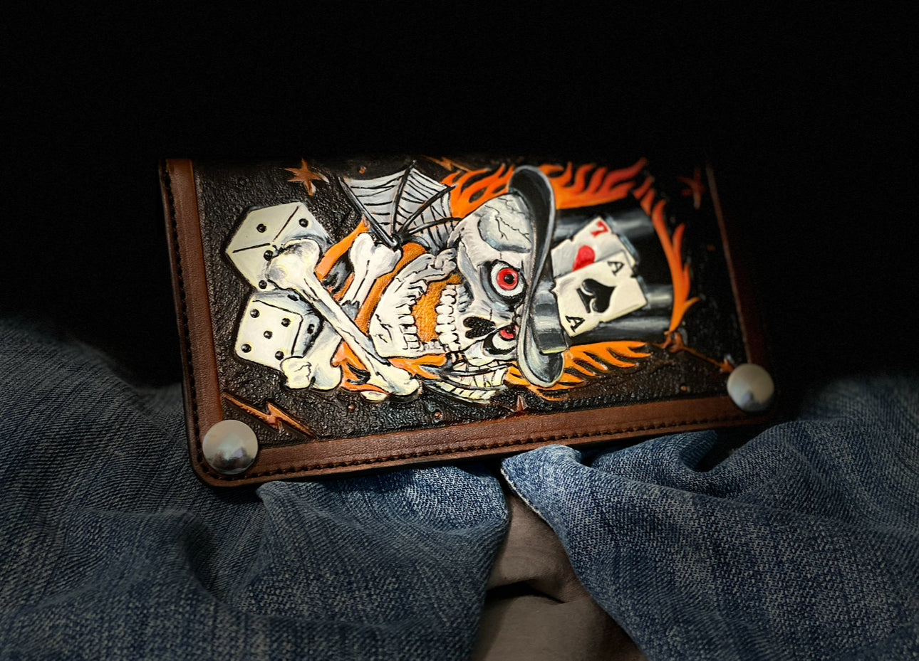 Lucky 7 Gambler Wallet - Tattoo Style Hand Tooled Biker Long Wallet - Handmade in the USA