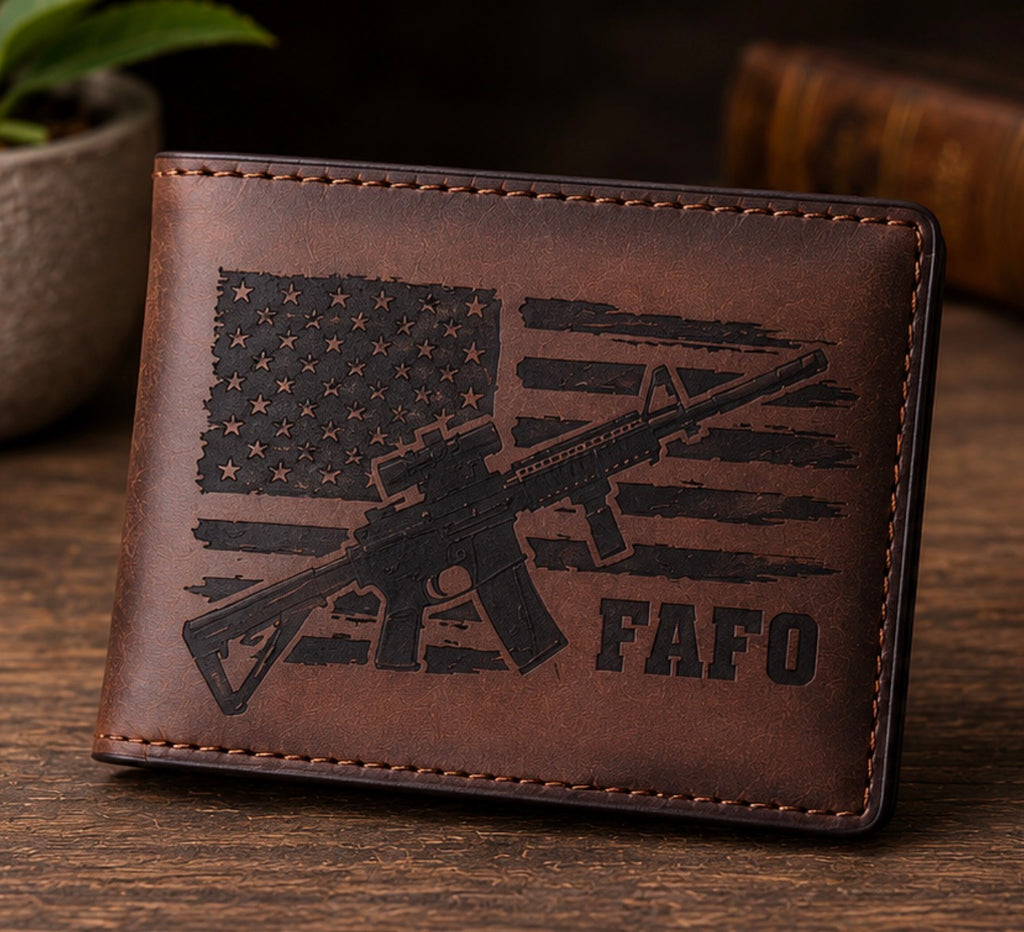 American Flag Rifle Laser Engraved Leather Bifold Wallet