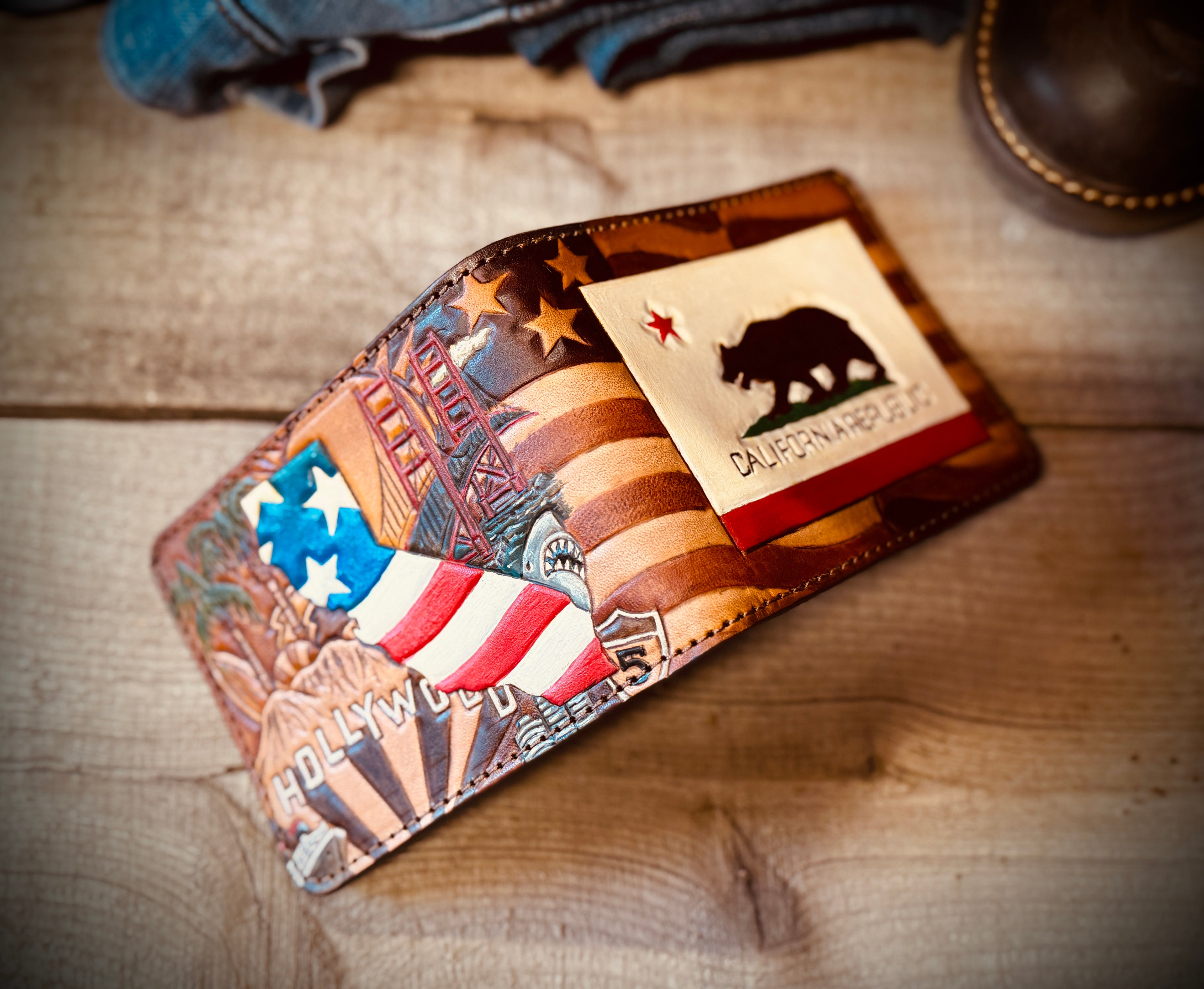 California Pride Bifold / Patriotic Hand tooled Premium Leather Wallet - Handmade in USA