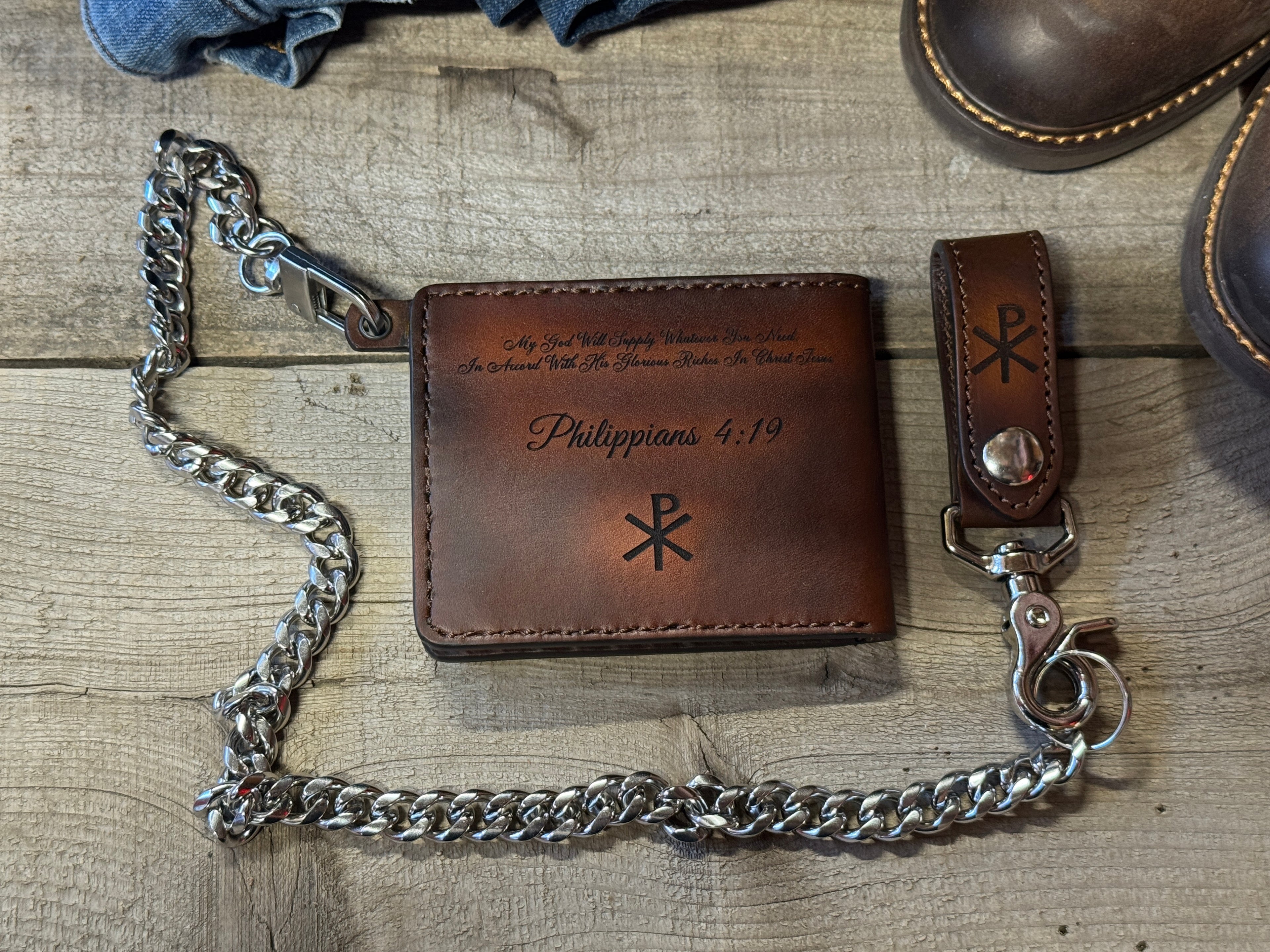 Man of God Bifold -Christian / Bible VS / Chi Rho Engraved Deluxe Handmade in the USA Leather Chain Wallet