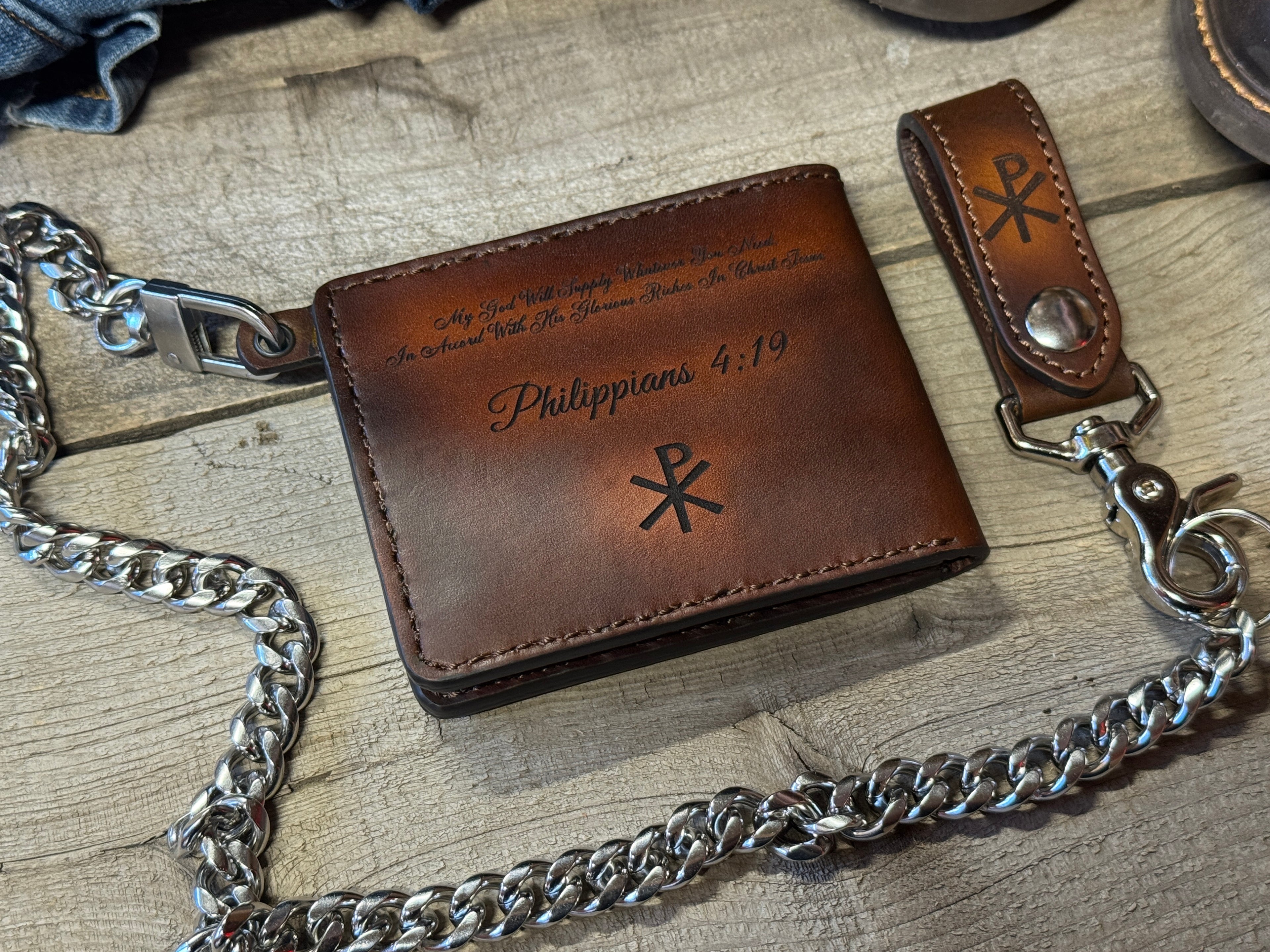Man of God Bifold -Christian / Bible VS / Chi Rho Engraved Deluxe Handmade in the USA Leather Chain Wallet