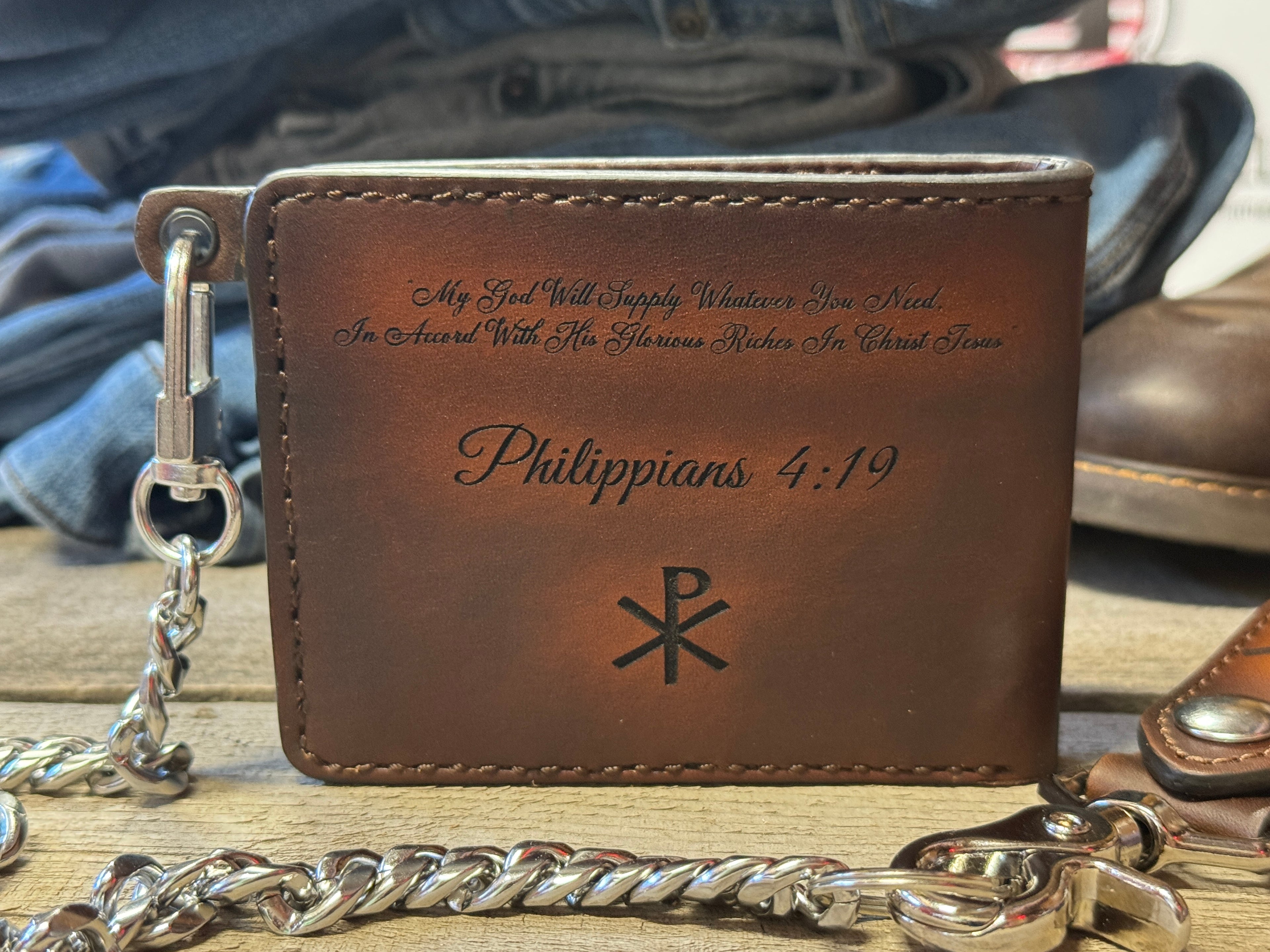 Man of God Bifold -Christian / Bible VS / Chi Rho Engraved Deluxe Handmade in the USA Leather Chain Wallet