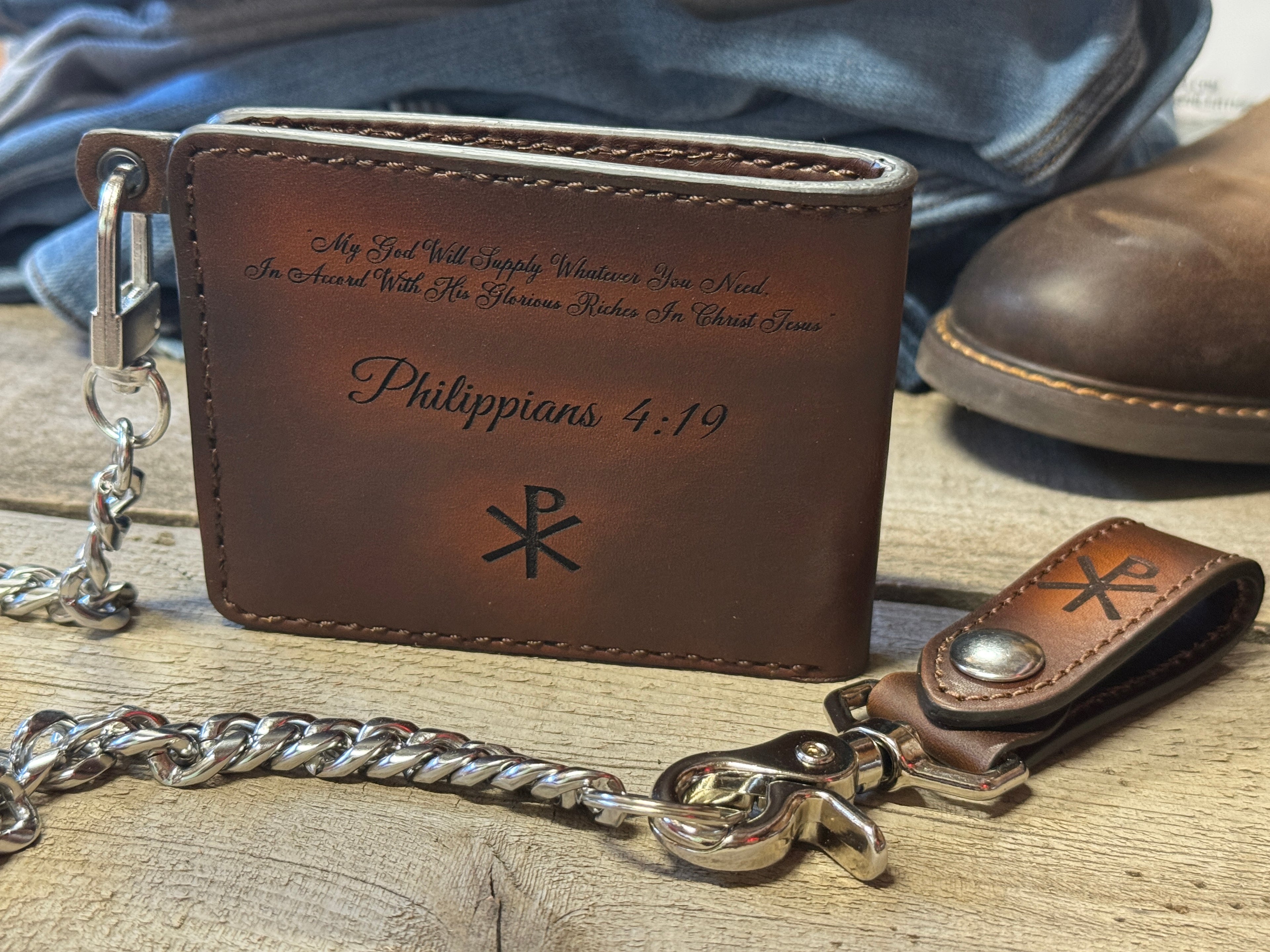 Man of God Bifold -Christian / Bible VS / Chi Rho Engraved Deluxe Handmade in the USA Leather Chain Wallet