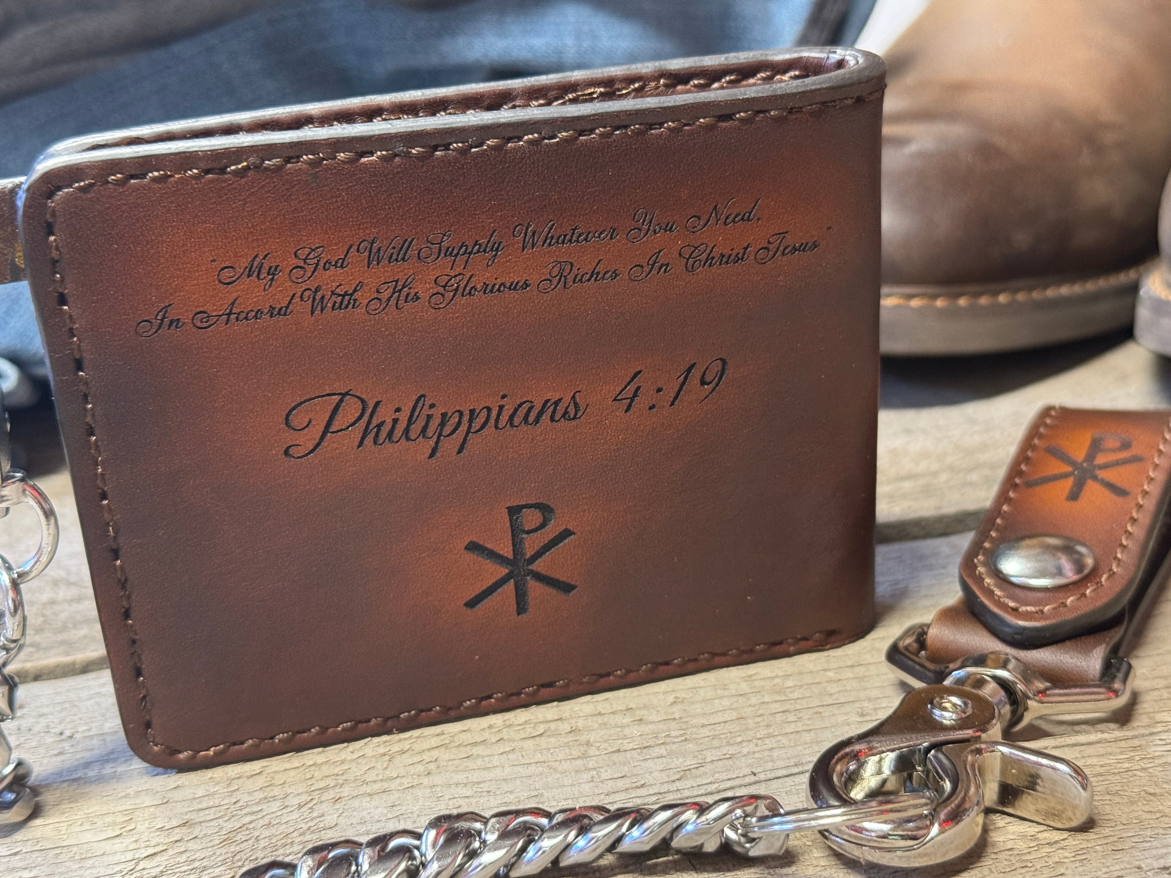 Man of God Bifold -Christian / Bible VS / Chi Rho Engraved Deluxe Handmade in the USA Leather Chain Wallet