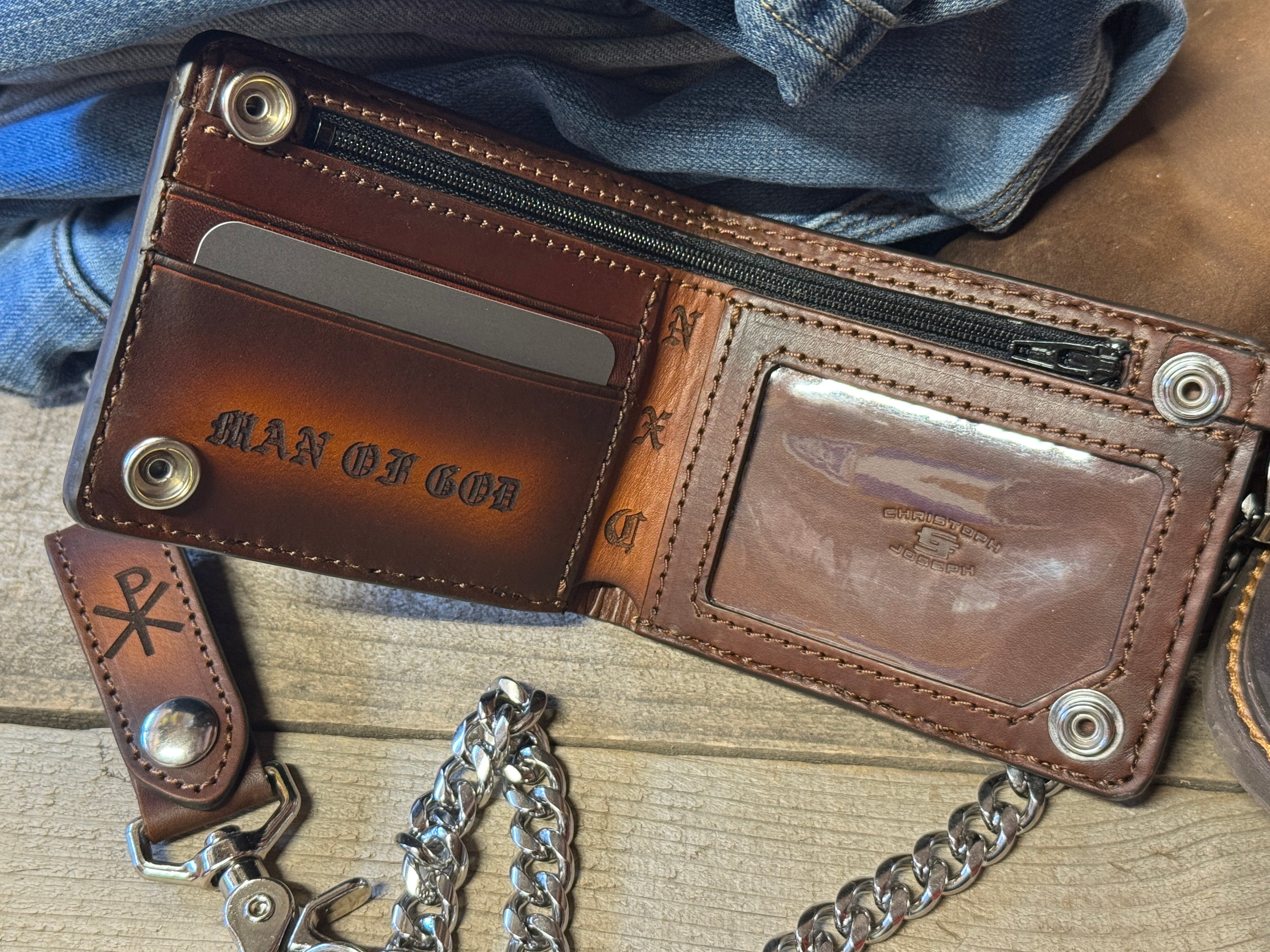 Man of God Bifold -Christian / Bible VS / Chi Rho Engraved Deluxe Handmade in the USA Leather Chain Wallet