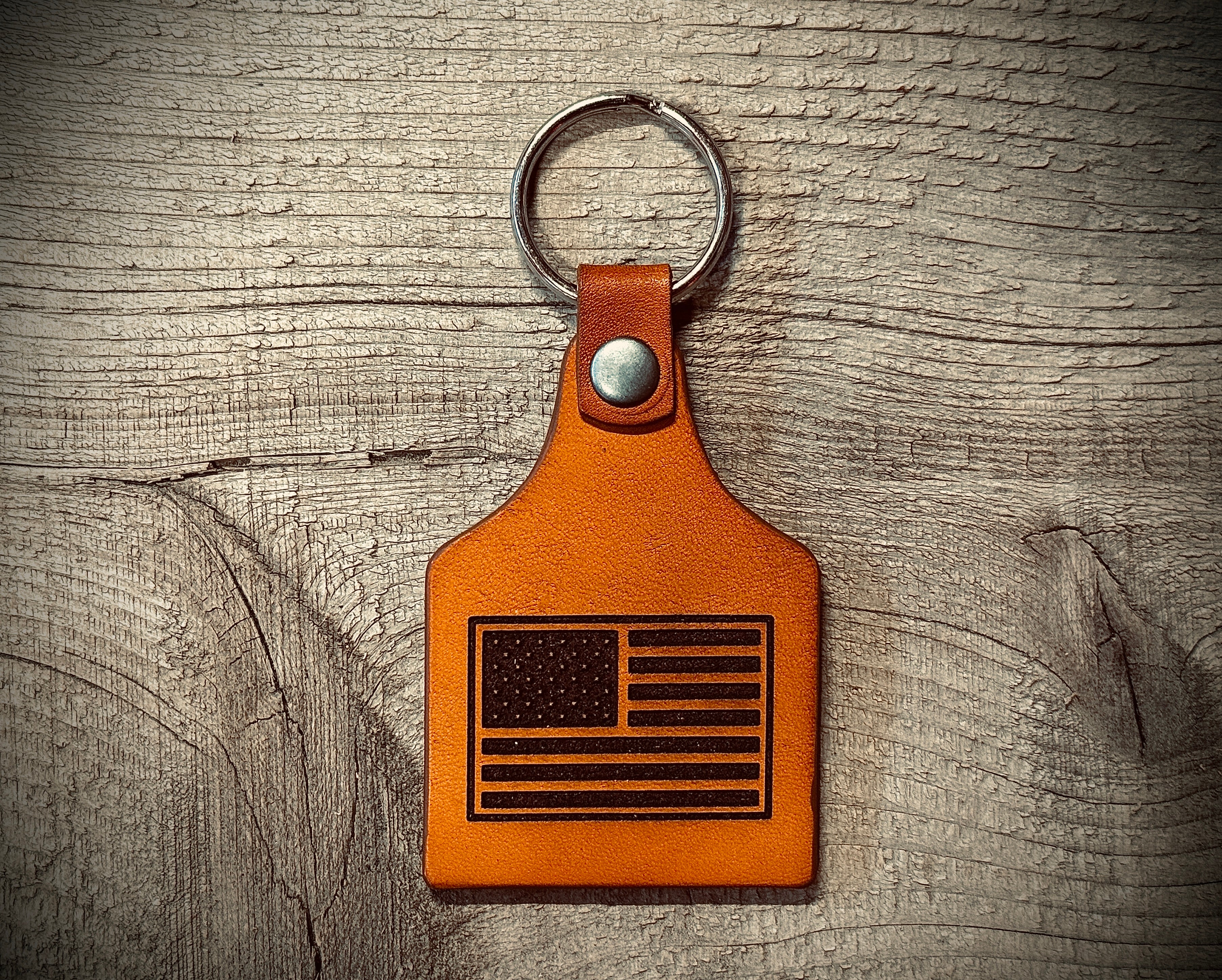 American Flag / USA - Laser Engraved Leather Key Ring Fob - Made in USA