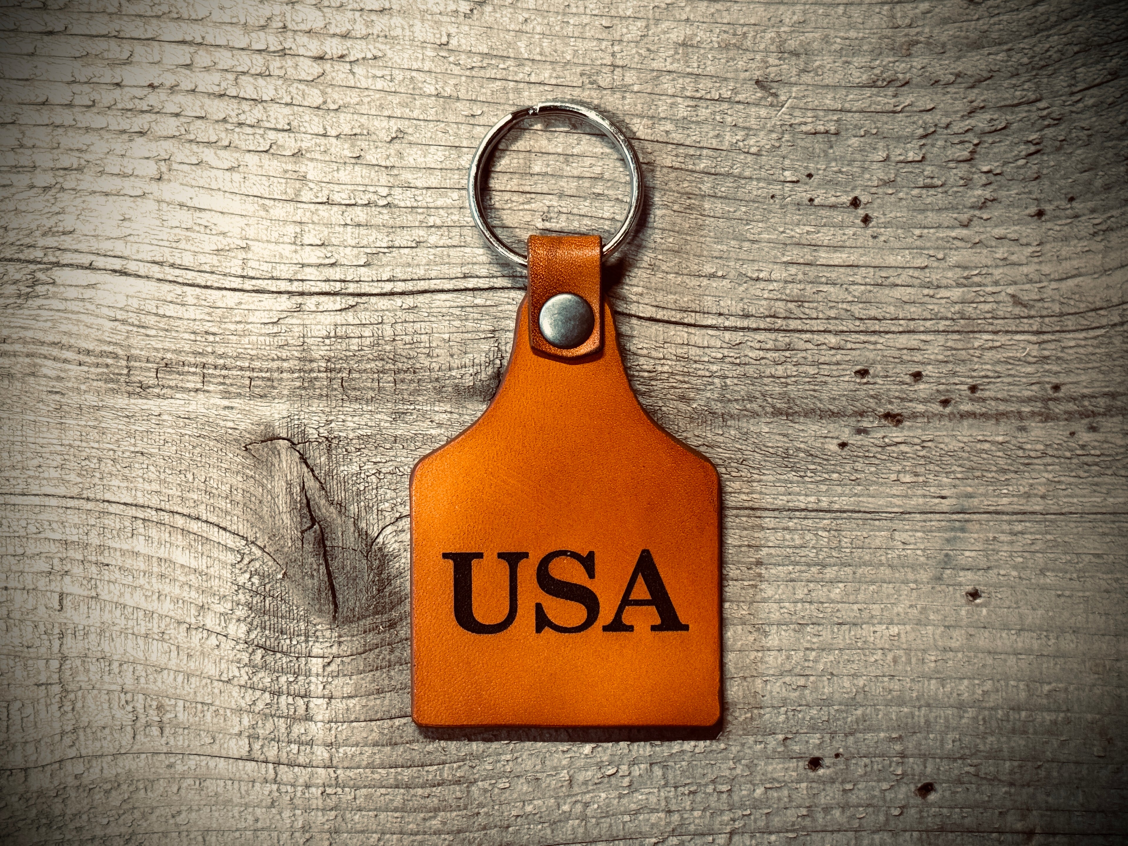 American Flag / USA - Laser Engraved Leather Key Ring Fob - Made in USA