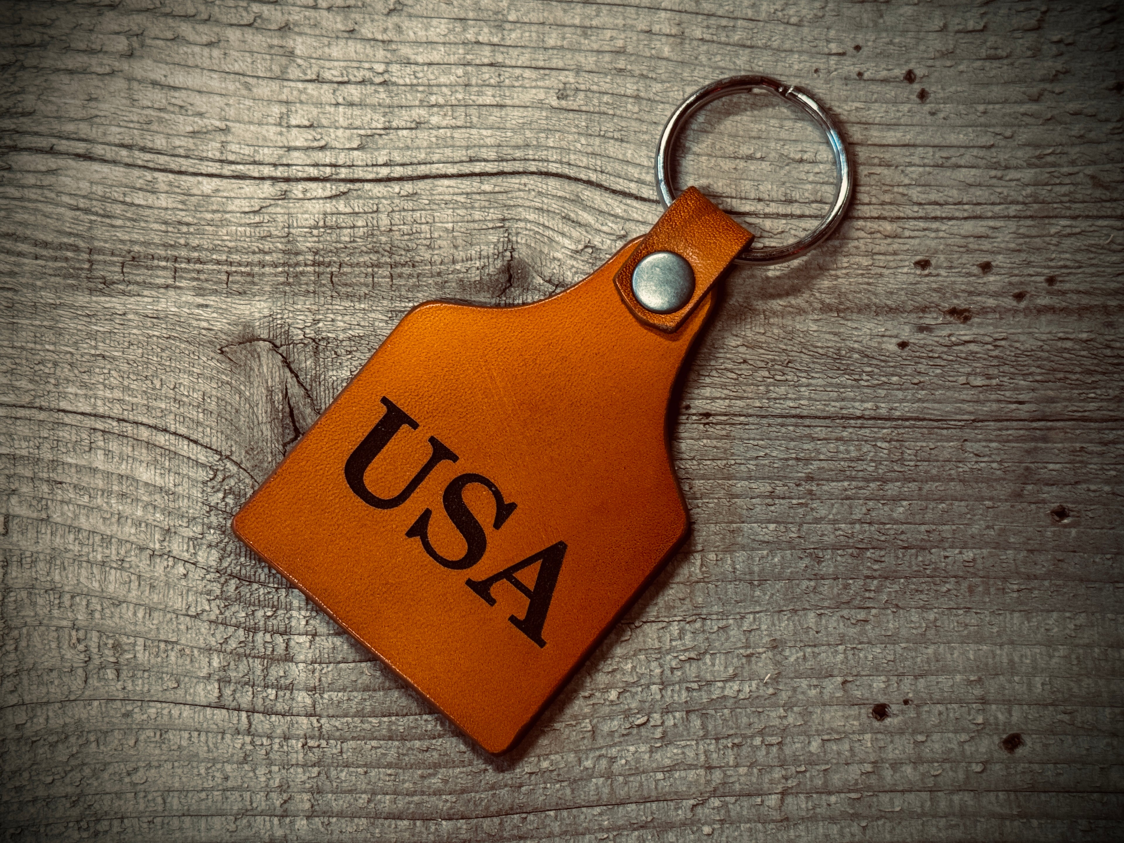 American Flag / USA - Laser Engraved Leather Key Ring Fob - Made in USA