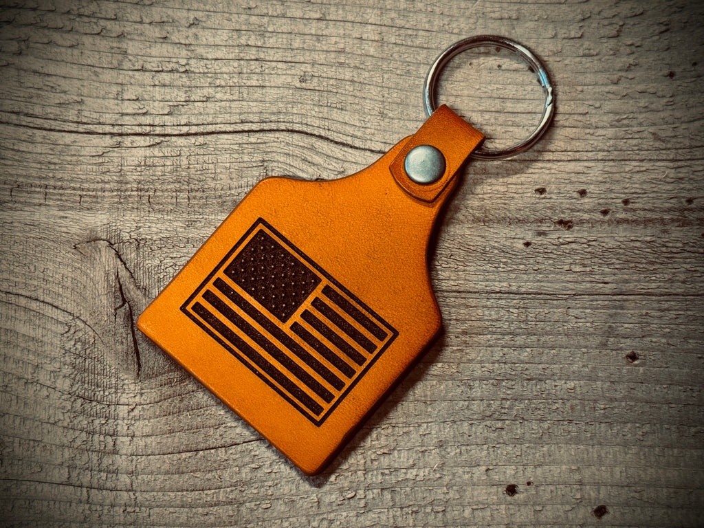 American Flag / USA - Laser Engraved Leather Key Ring Fob - Made in USA