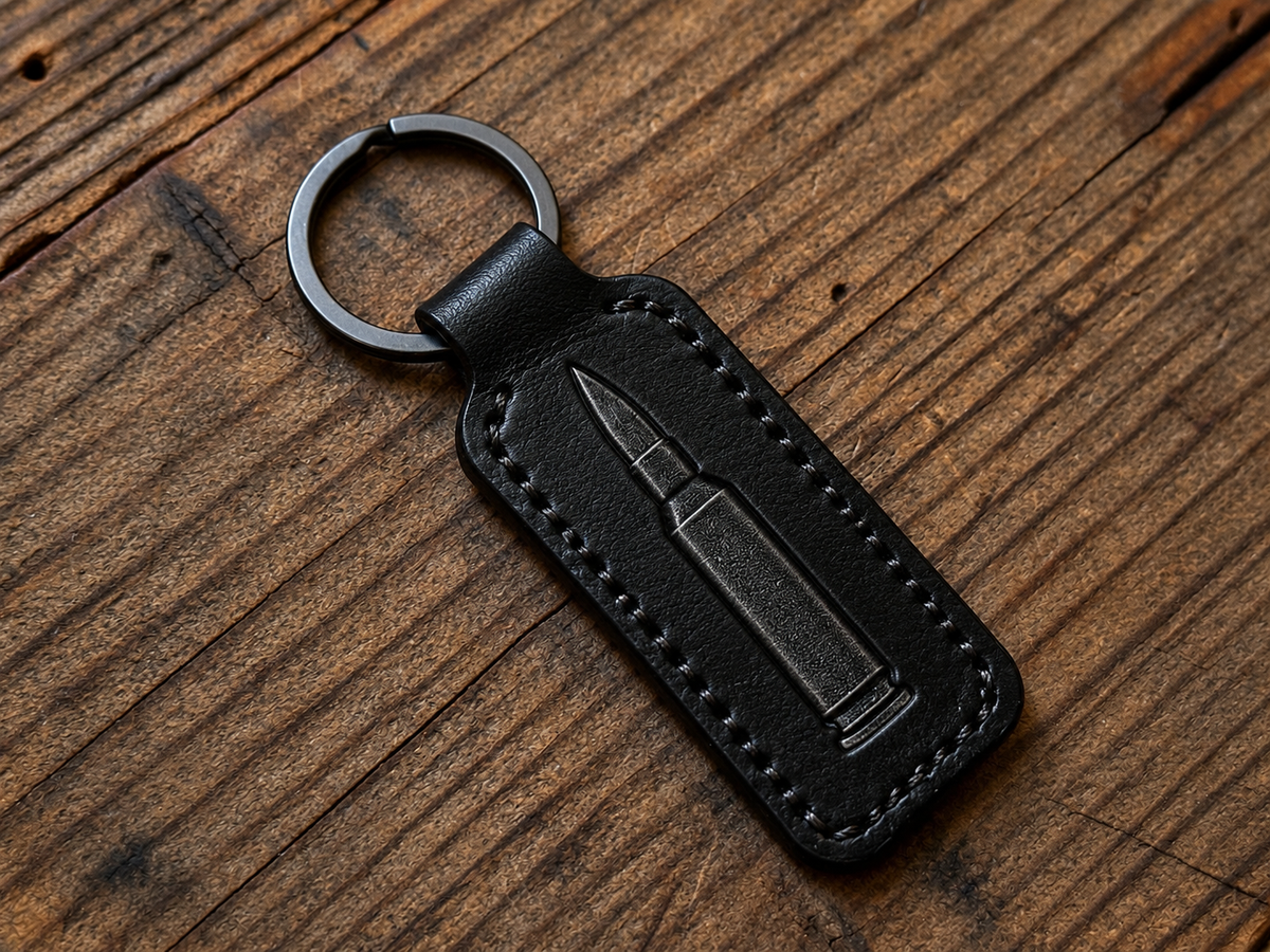 Engraved AR-15 Rifle & Rifle Bullet Leather Keychain – Compact Black Leather