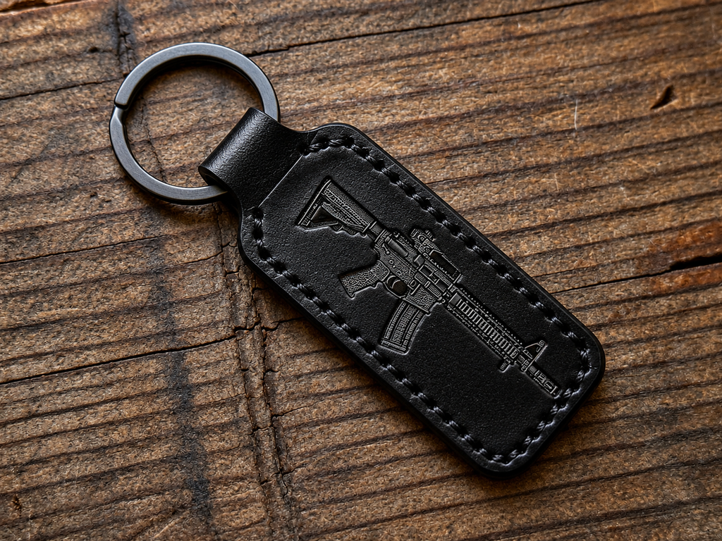Engraved AR-15 Rifle & Rifle Bullet Leather Keychain – Compact Black Leather