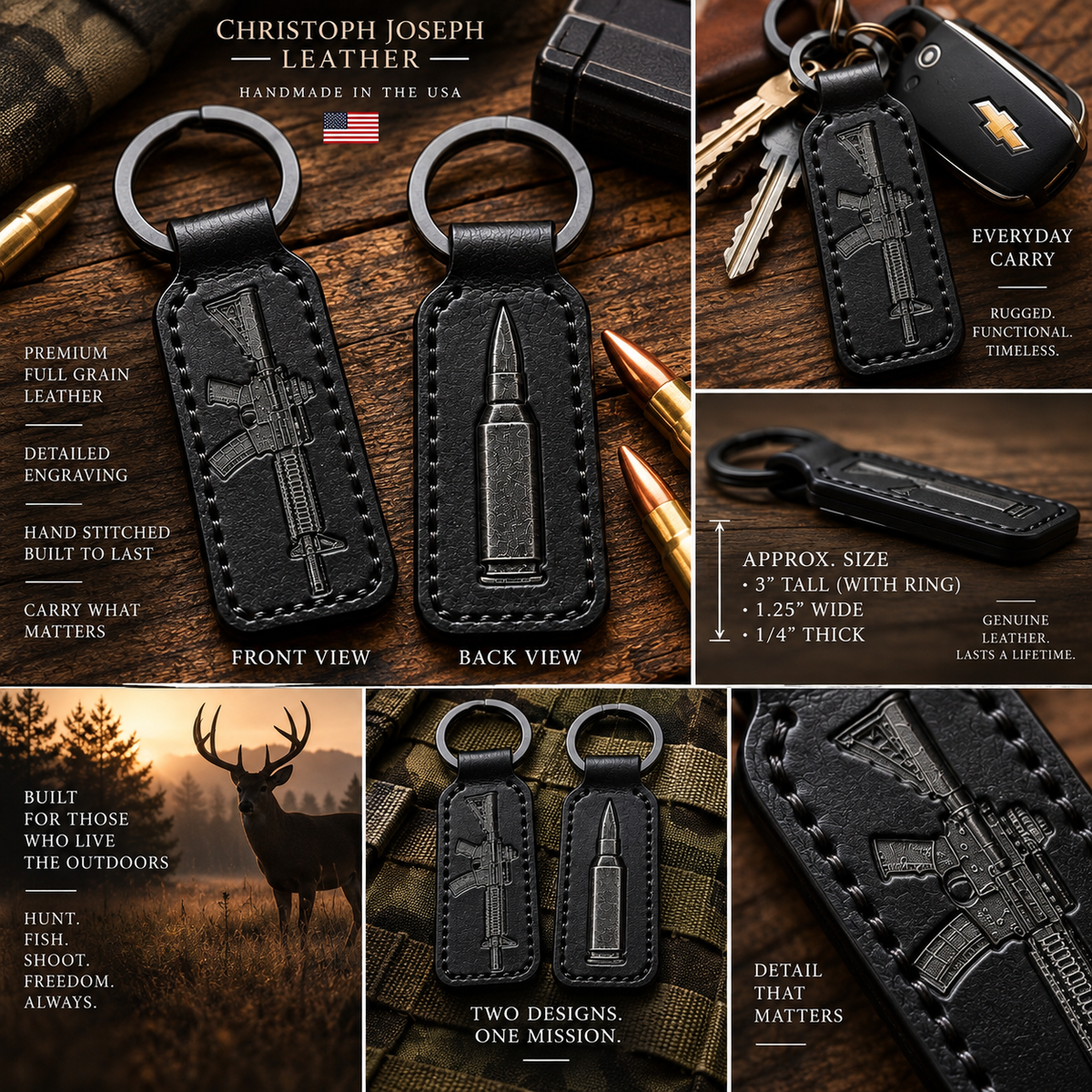Engraved AR-15 Rifle & Rifle Bullet Leather Keychain – Compact Black Leather