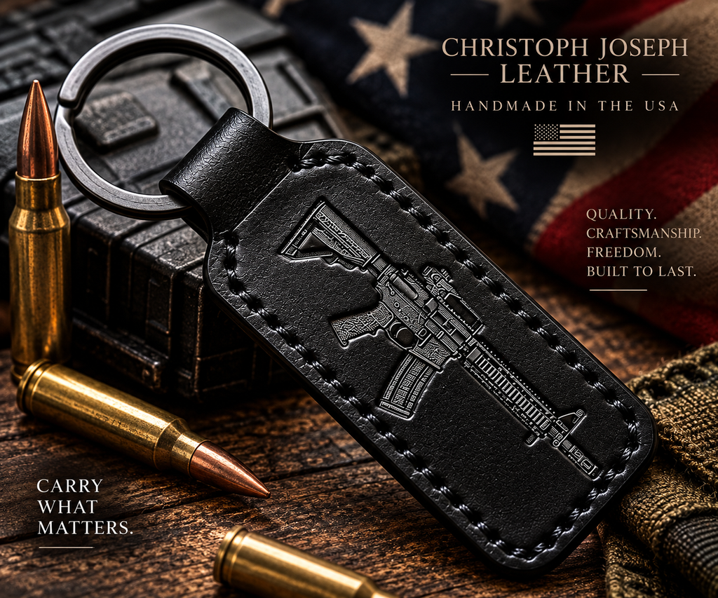 Engraved AR-15 Rifle & Rifle Bullet Leather Keychain – Compact Black Leather