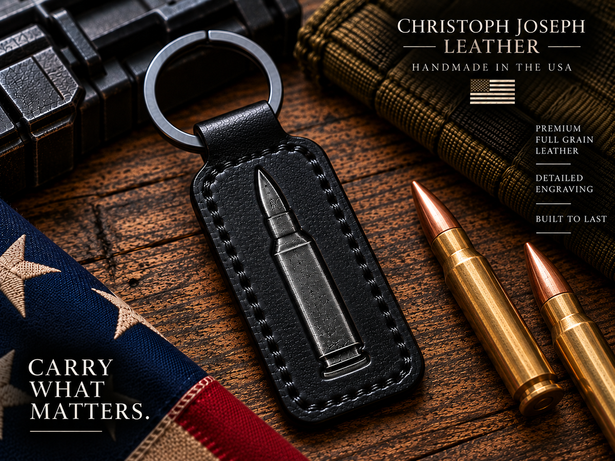 Engraved AR-15 Rifle & Rifle Bullet Leather Keychain – Compact Black Leather