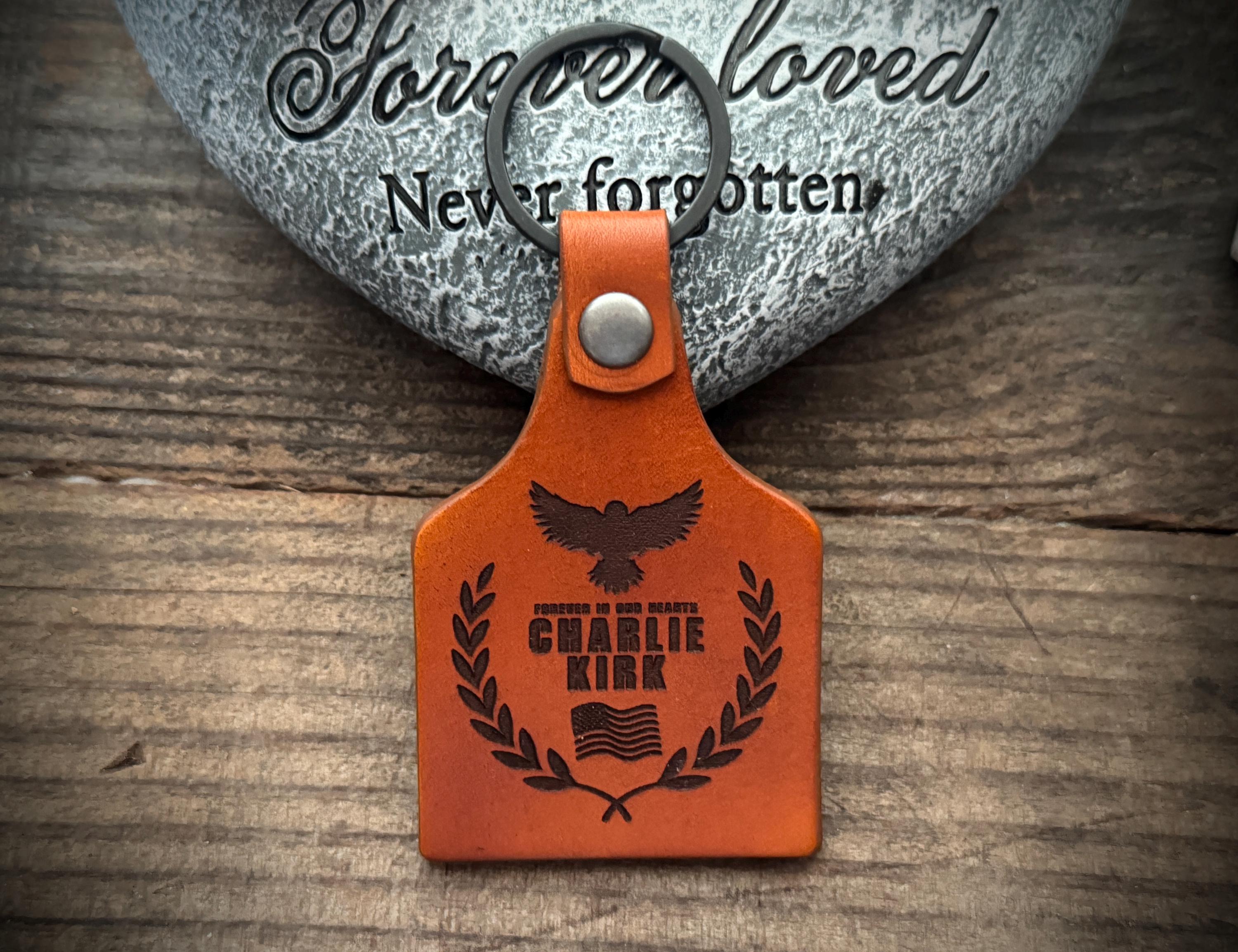 Charlie Kirk Commemorative Laser Engraved Memorial Leather Key Chain
