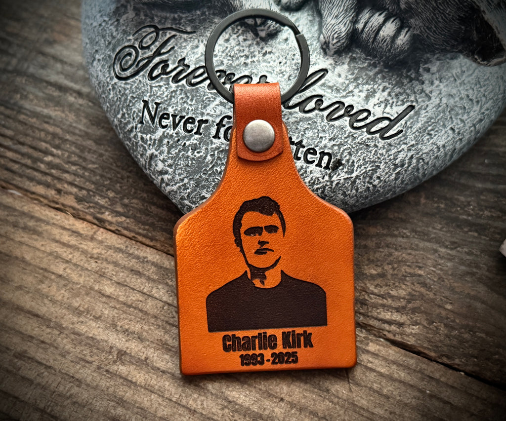 Charlie Kirk memorial leather key chain gift / Charlie Kirk portrait with Freedom phrase 
