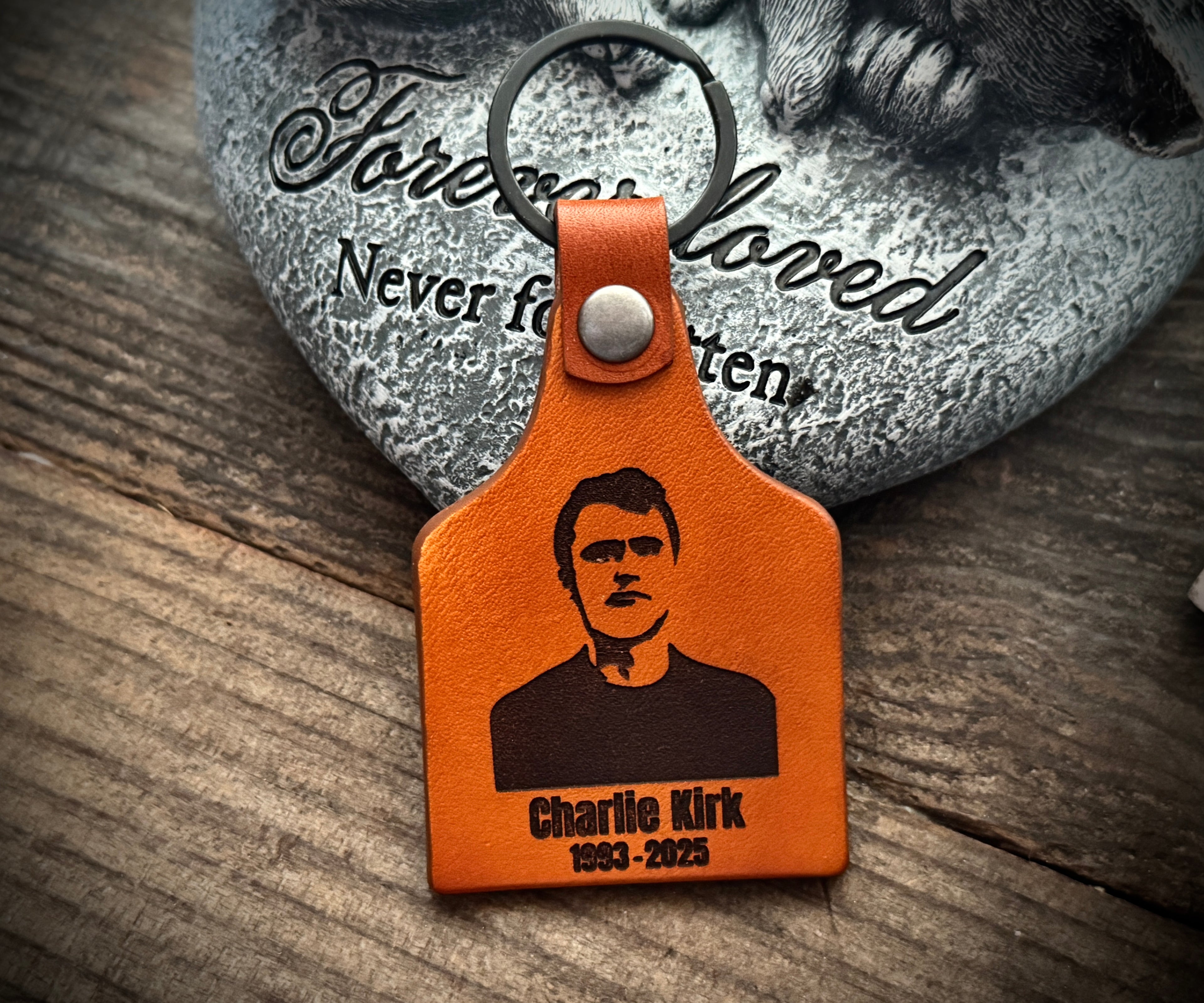 Charlie Kirk memorial leather key chain gift / Charlie Kirk portrait with Freedom phrase 