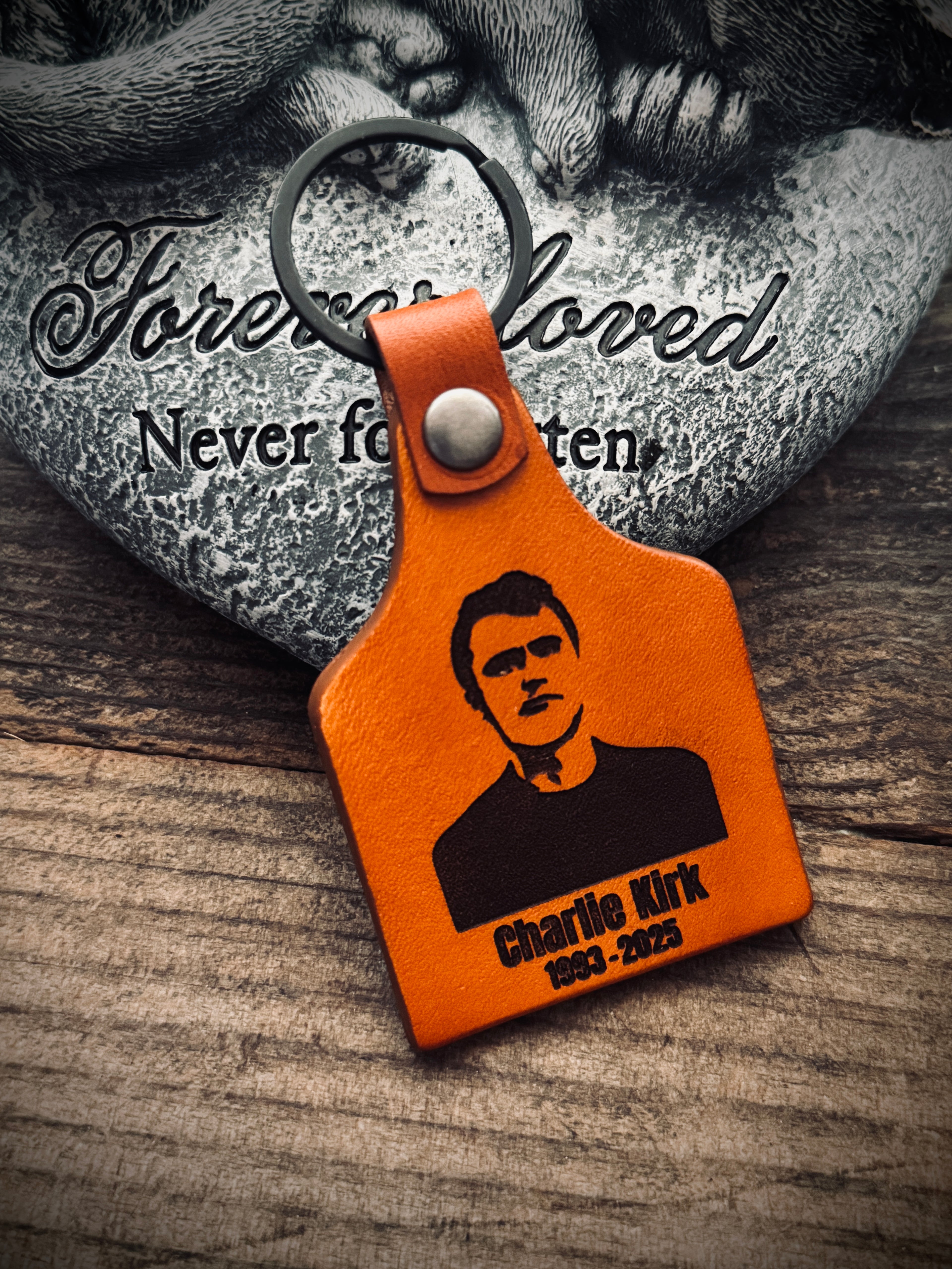 Charlie Kirk Memorial Laser Engraved Leather Keychain - Freedom Gear - Made in USA