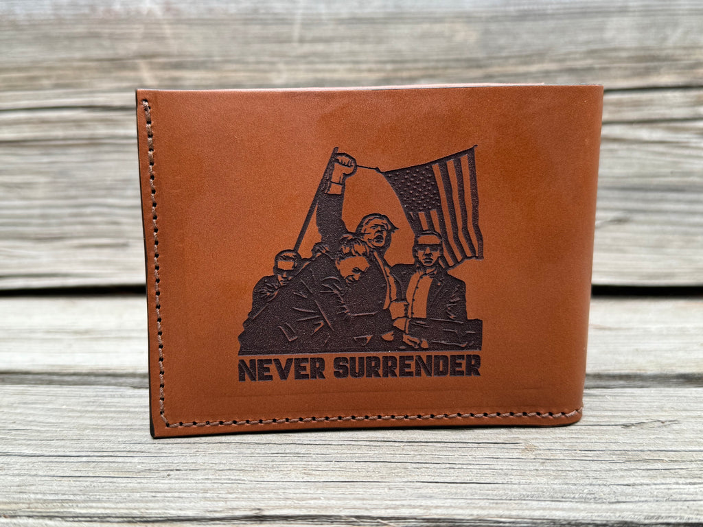 Brown leather wallet with Trump never surrender and Bulter PA engraving