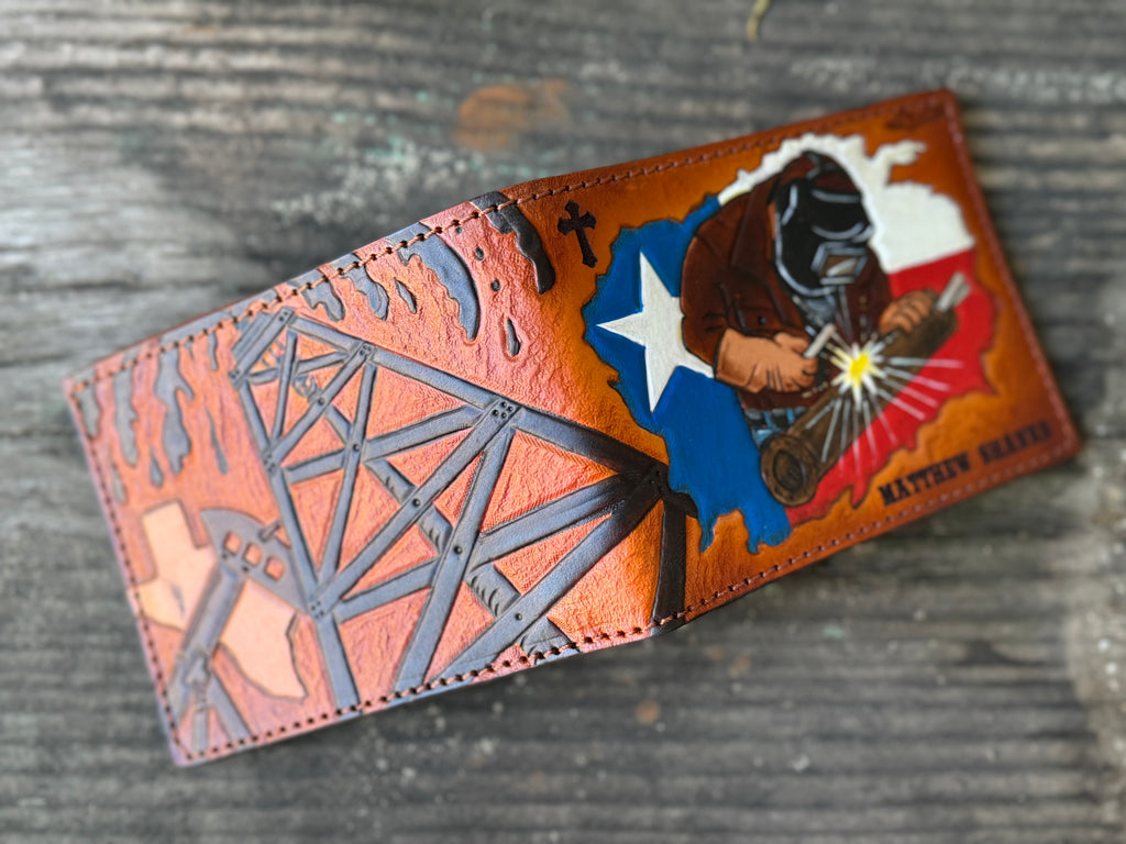Texas Oil Rig Welder Custom Tooled Bifold Wallet Design - Made in USA