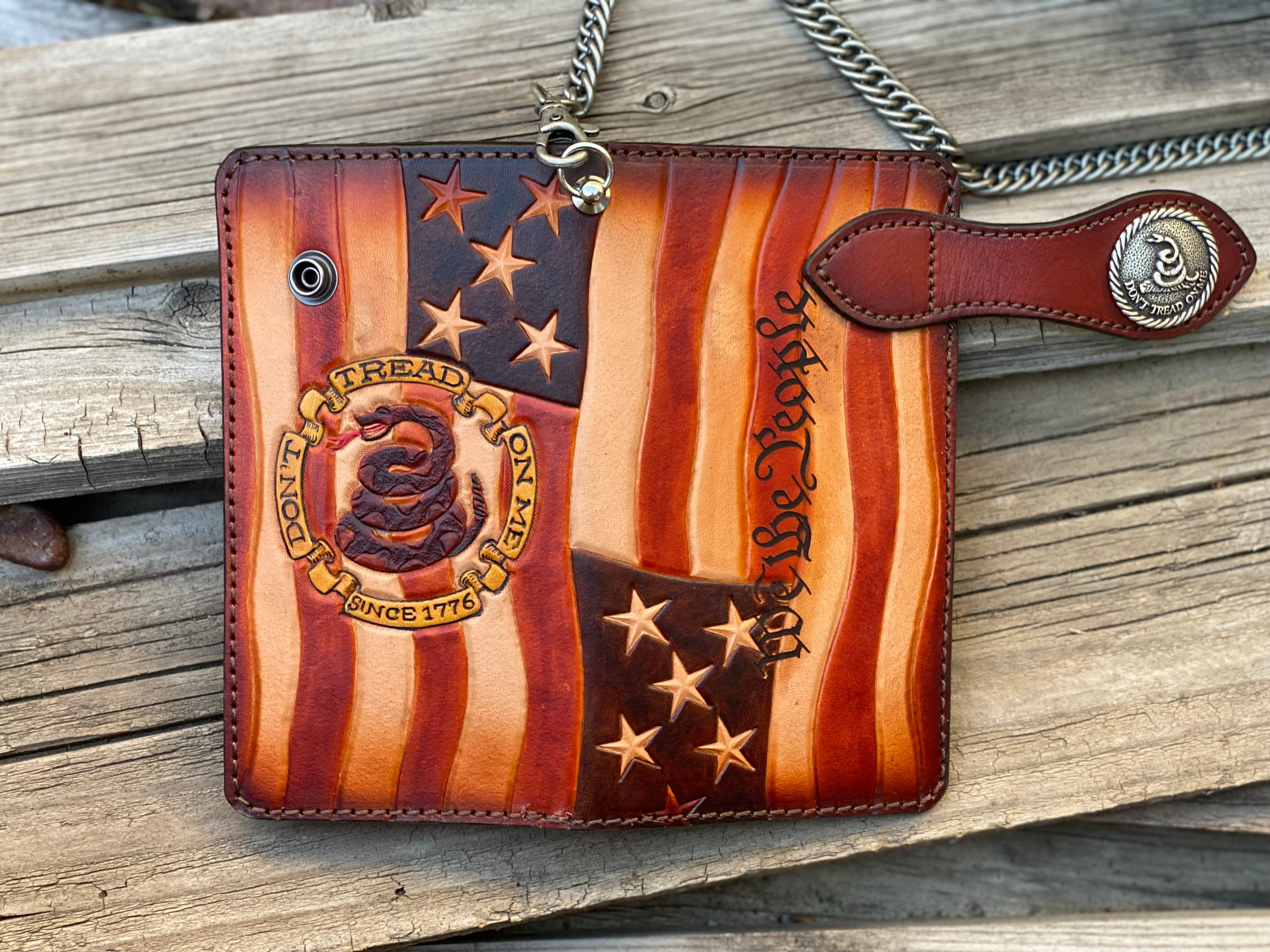 Patriot Biker Delux - Don't Tread on Me / We the People Hand Tooled Long Wallet / Made In USA