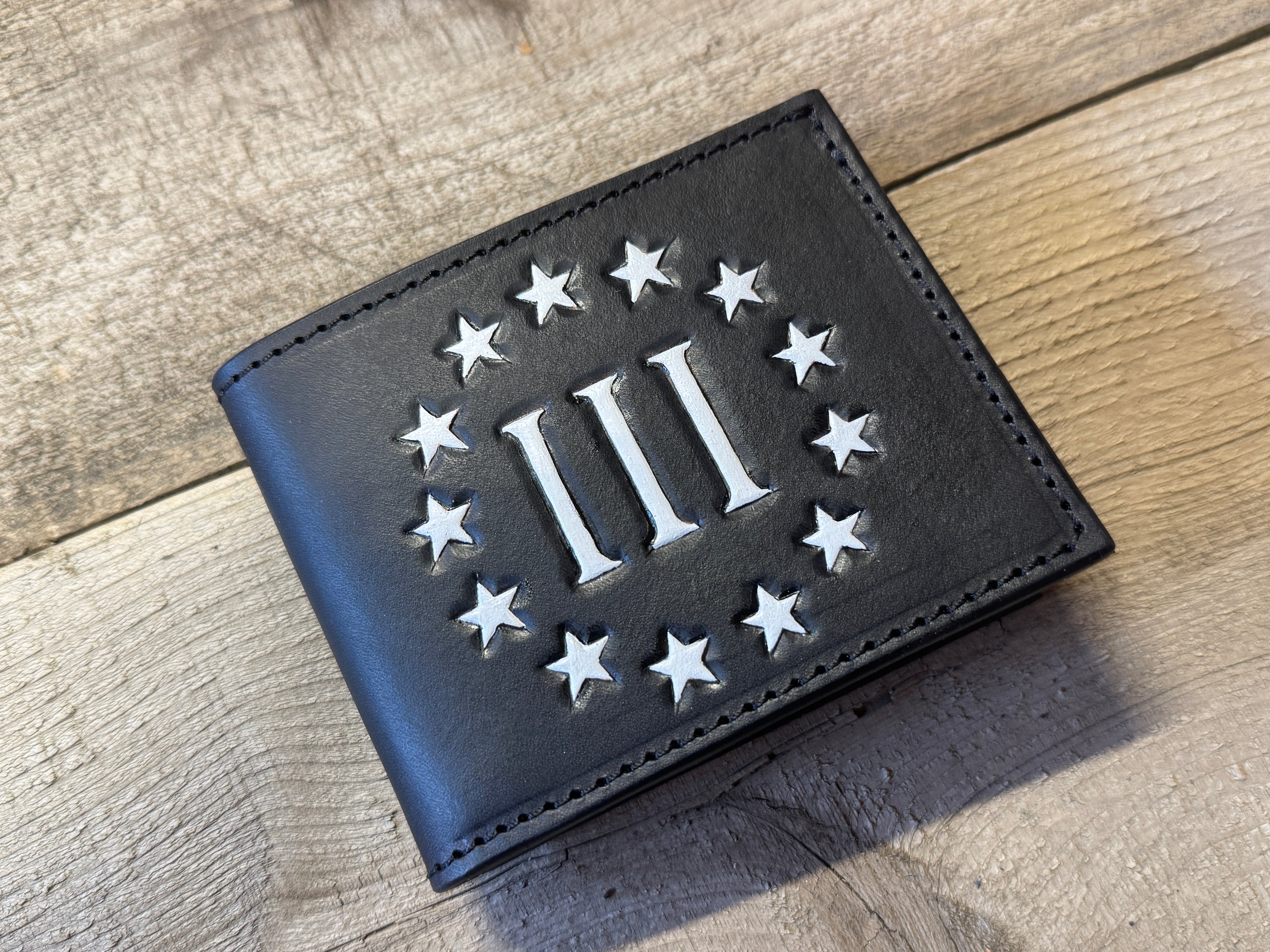 American Colonial Heritage Three Percenter Hand Tooled Black Leather Wallet