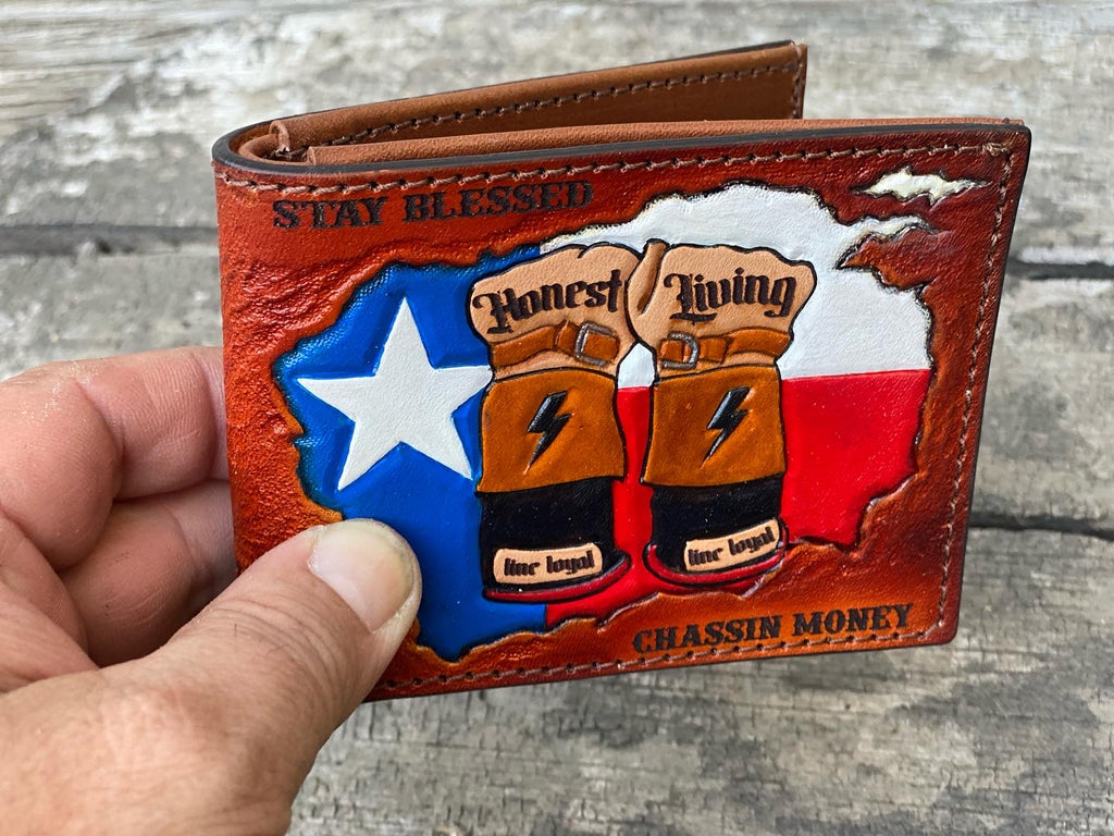 Texas Lineman Wallet - Custom Hand tooled Premium Bifold - Made in USA