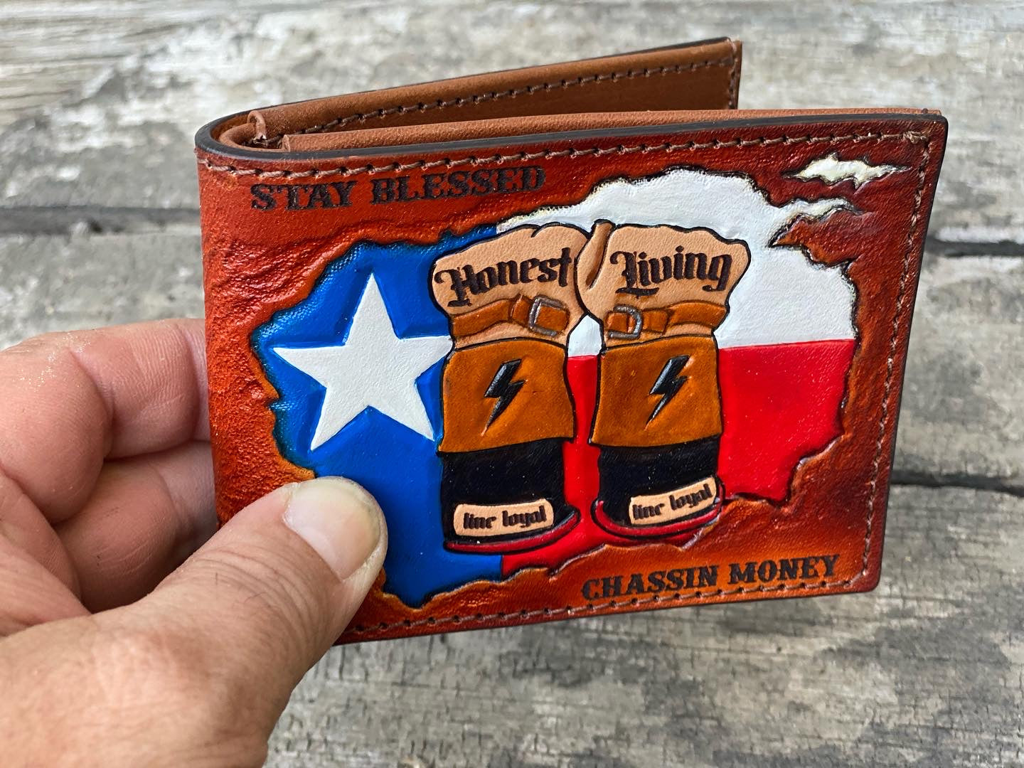 Texas Lineman Wallet - Custom Hand tooled Premium Bifold - Made in USA