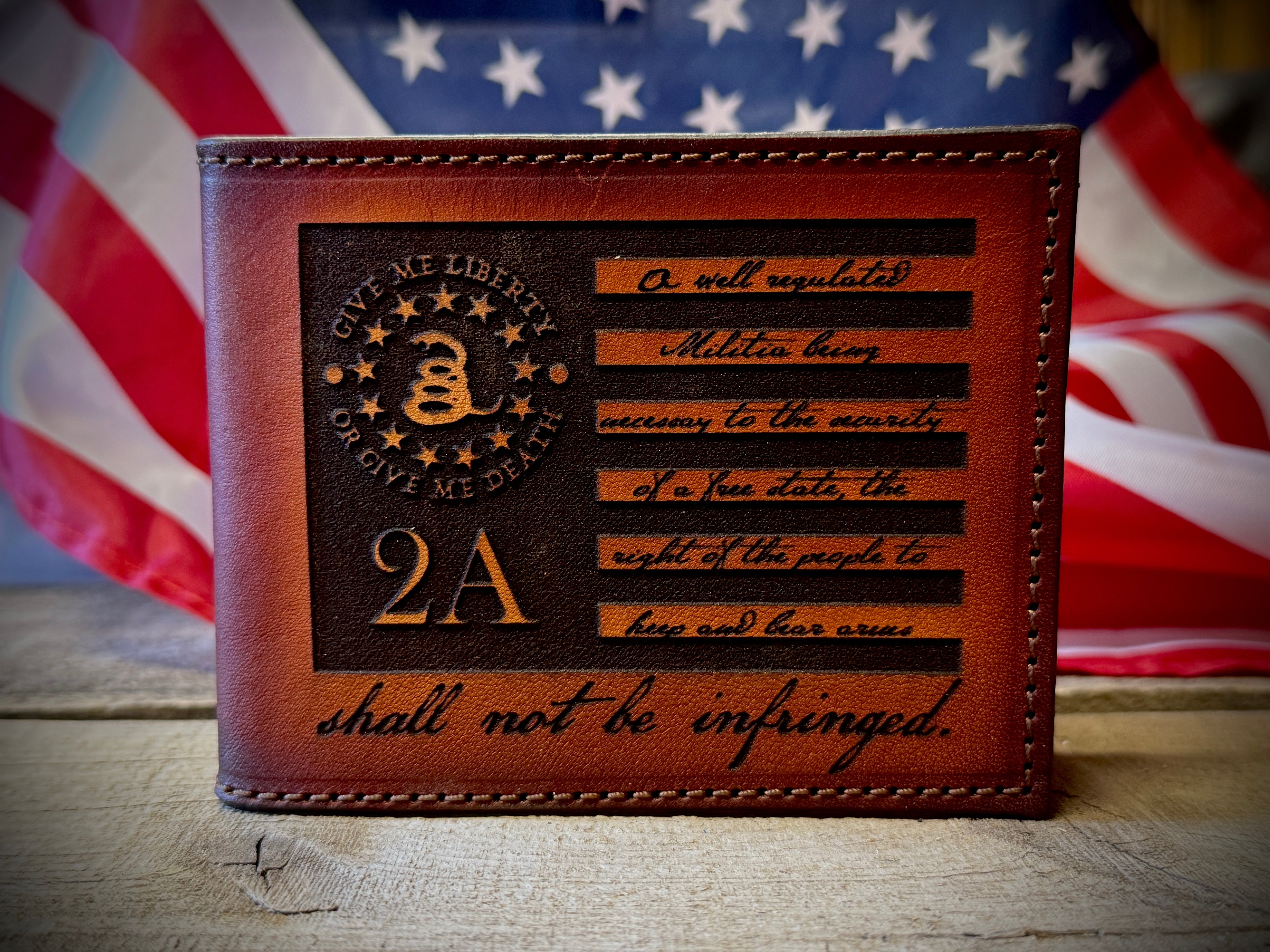 2A Edition Bifold Wallet - Laser Engraved Second Amendment Design - Handmade in USA