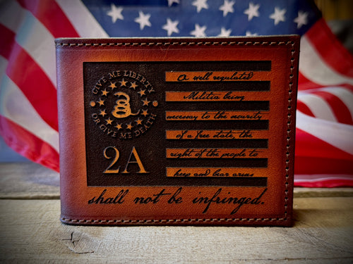 2A Edition Bifold Wallet - Laser Engraved Second Amendment Design - Handmade in USA