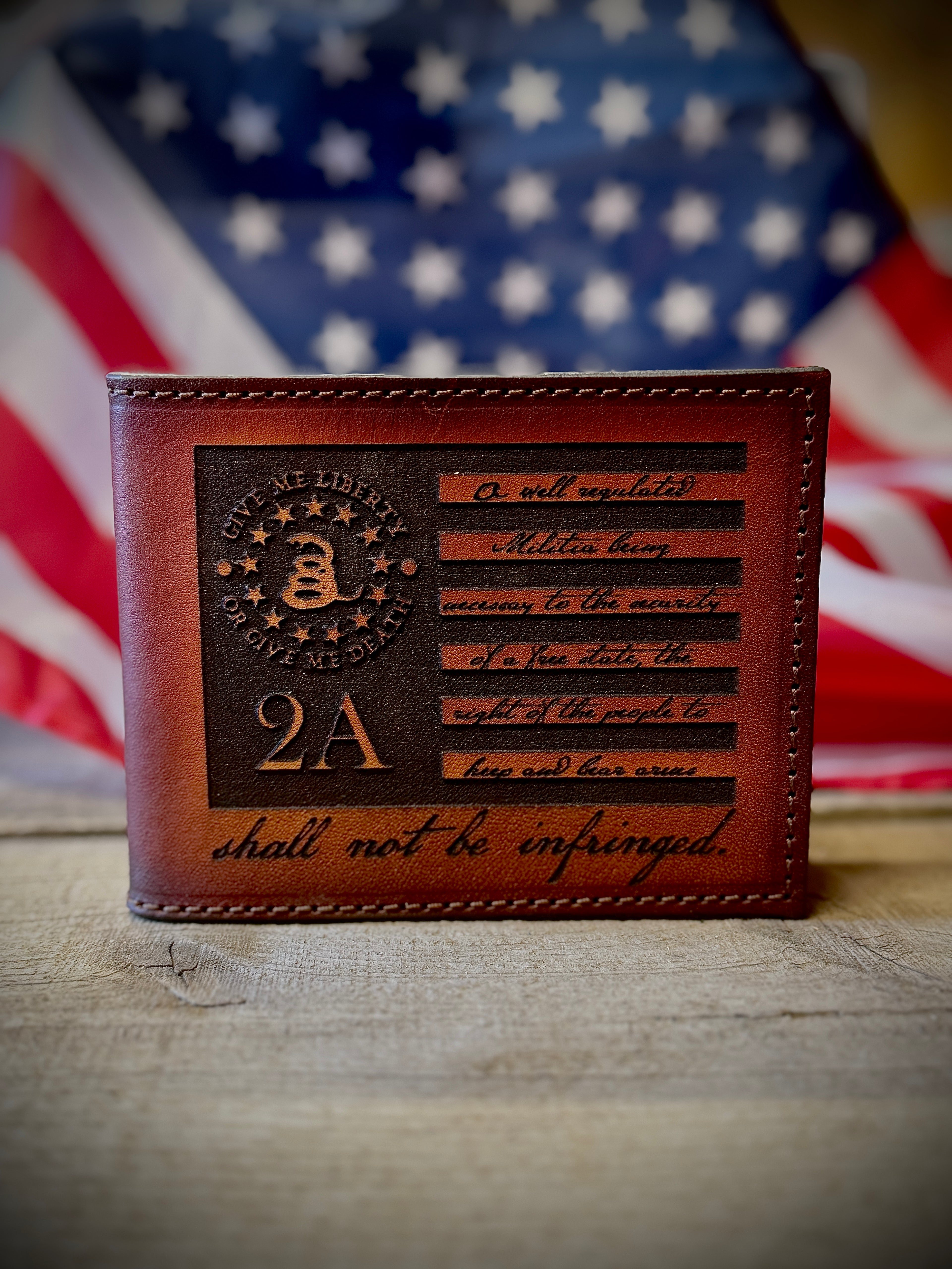 2A Edition Bifold Wallet - Laser Engraved Second Amendment Design - Handmade in USA