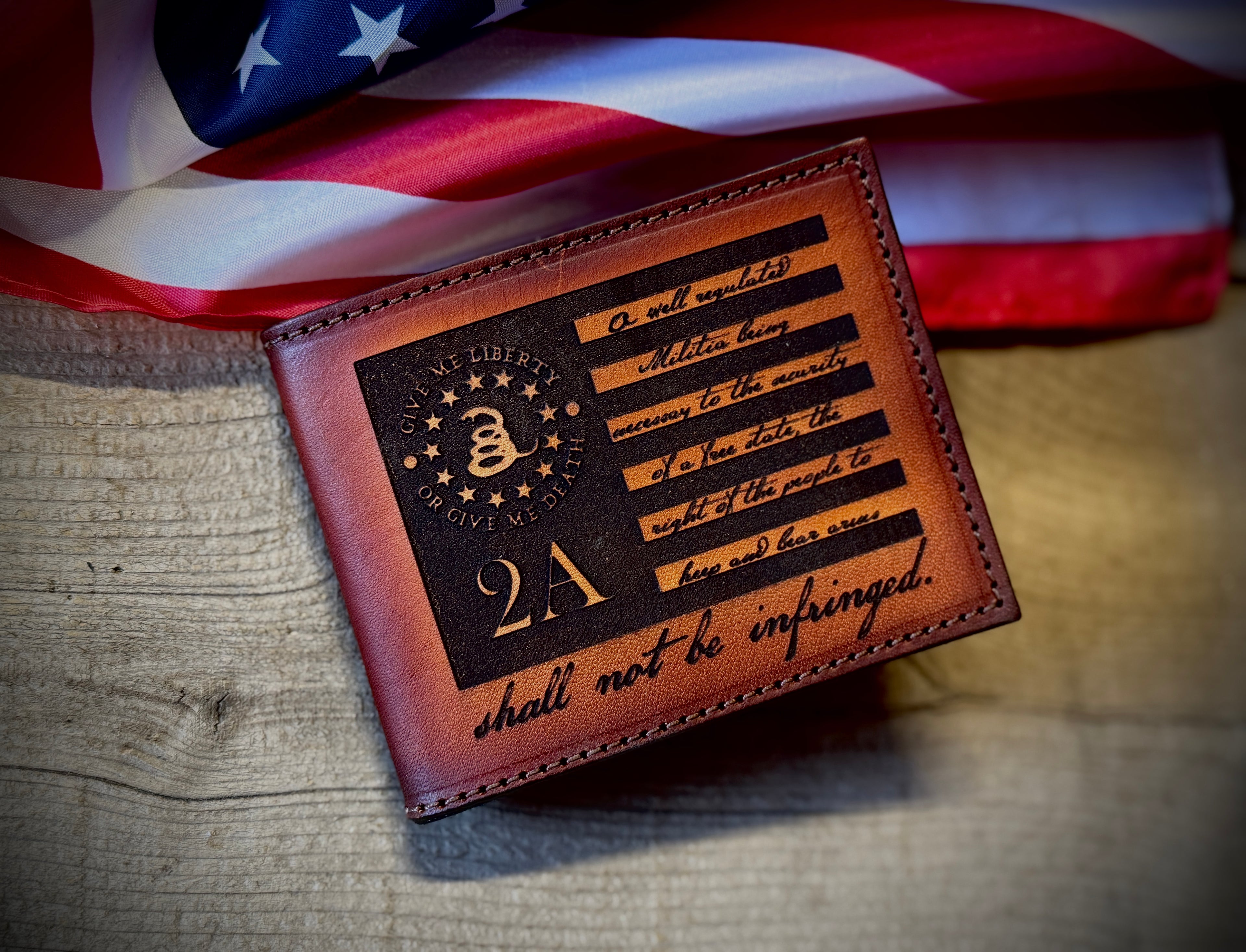 2A Edition Bifold Wallet - Laser Engraved Second Amendment Design - Handmade in USA
