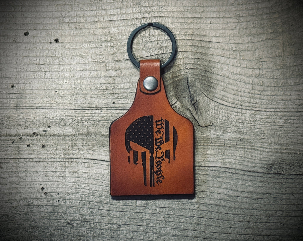 Punisher Skull / We The People Laser Engraved Leather Key Ring / Key Chain / Made in USA