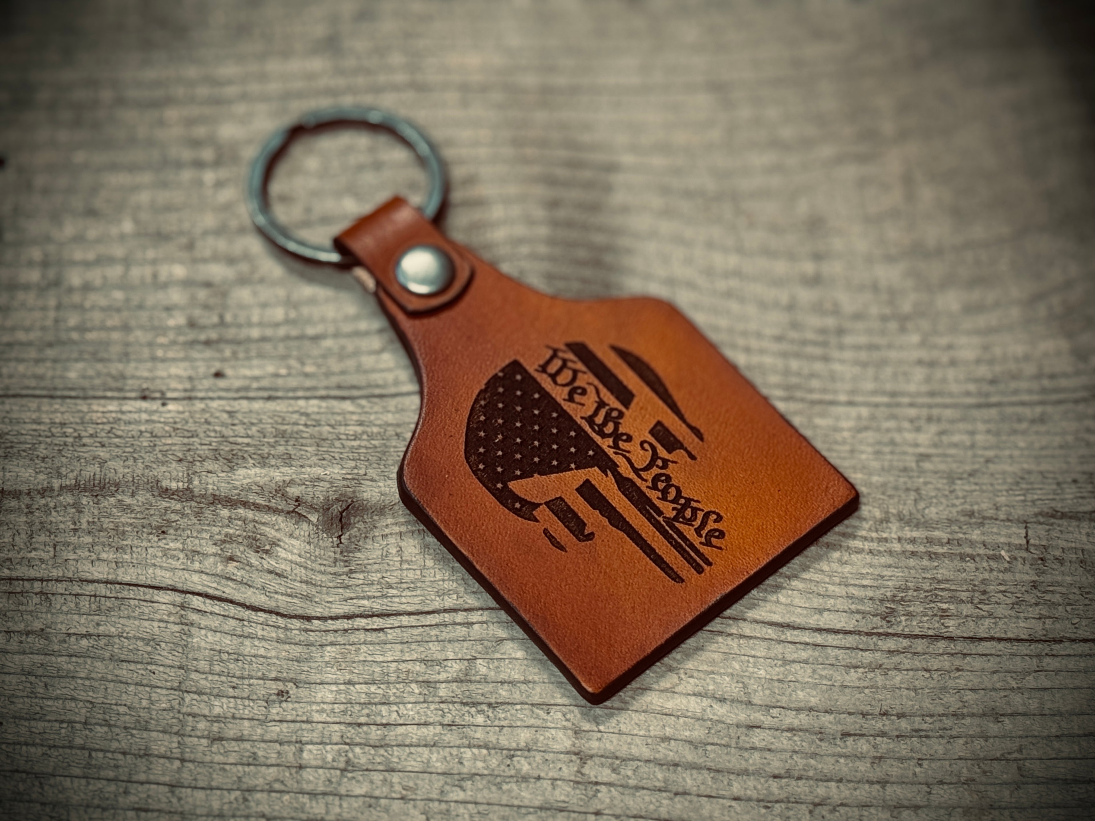 Punisher Skull / We The People Laser Engraved Leather Key Ring / Key Chain / Made in USA