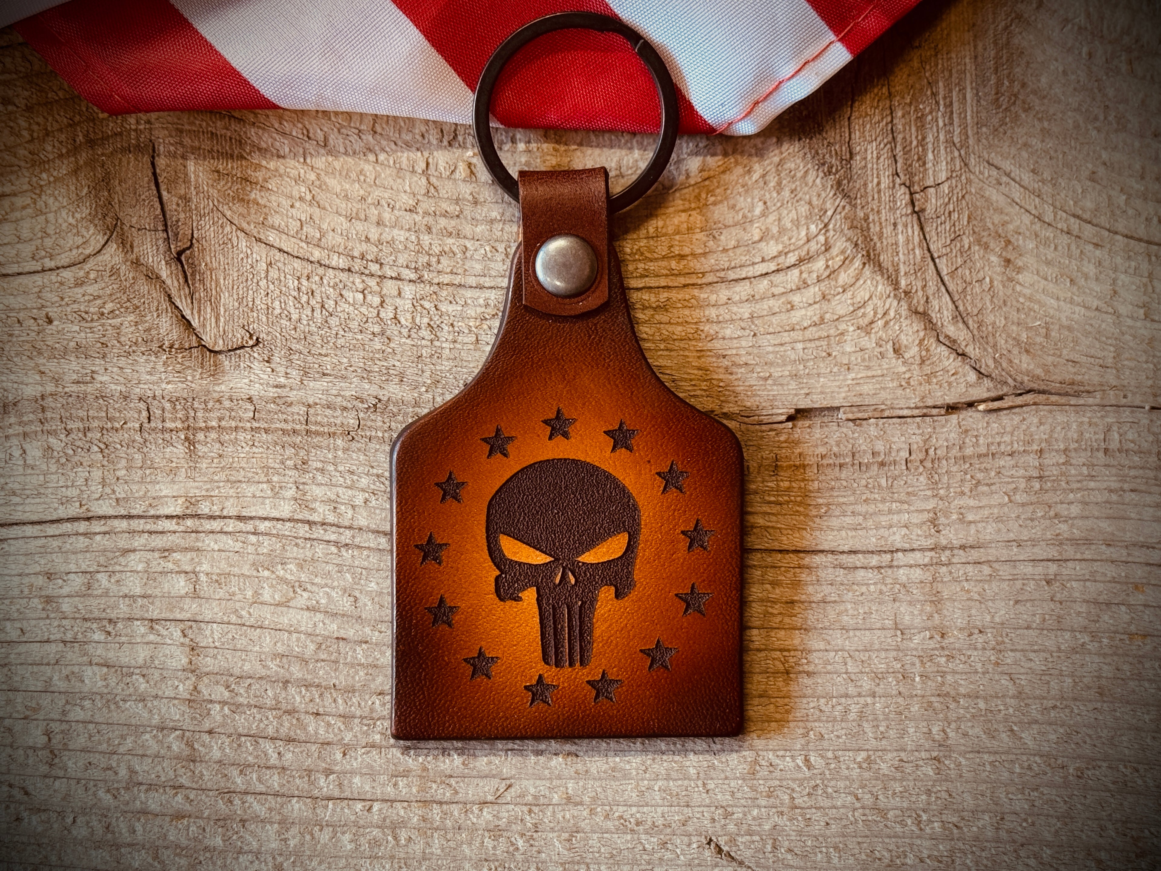 Punisher Skull / 13 Star / Don't Tread on Me Engraved Leather Key Chain - Made in USA