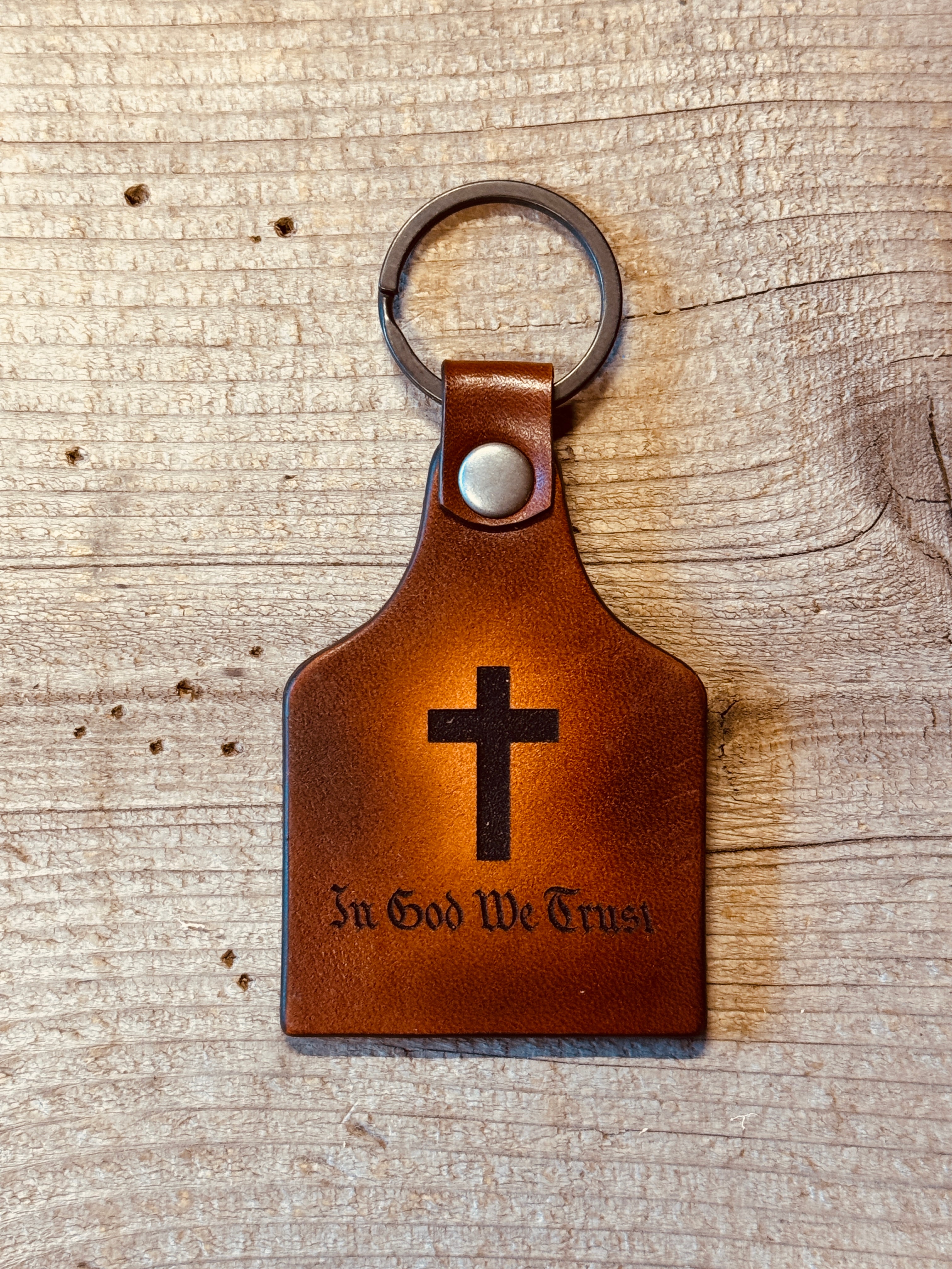 Cross and John 3:16 - In God We Trust - Engraved leather key chain fob - Made in USA