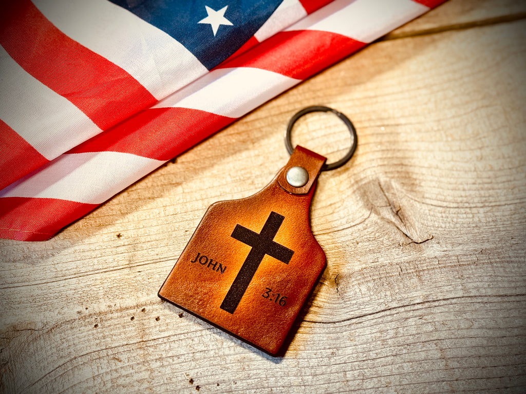 Cross and John 3:16 - In God We Trust - Engraved leather key chain fob - Made in USA
