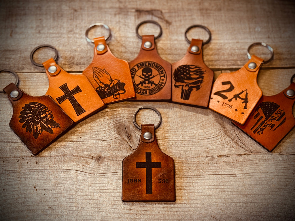 Cross and John 3:16 - In God We Trust - Engraved leather key chain fob - Made in USA