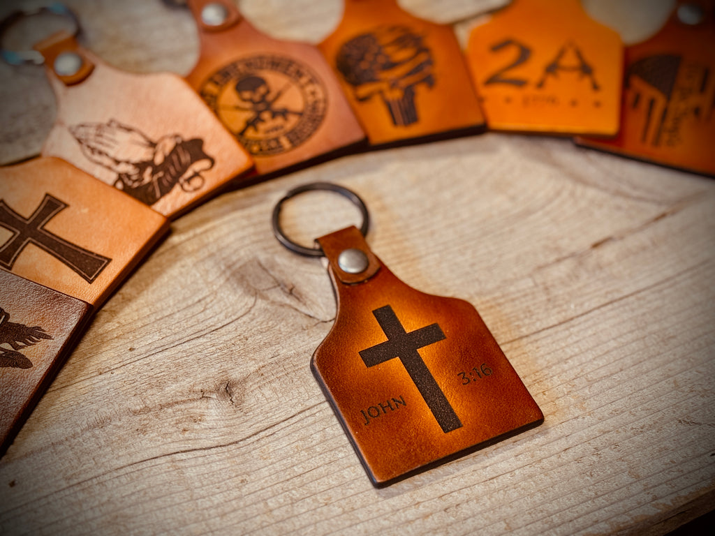 Cross and John 3:16 - In God We Trust - Engraved leather key chain fob - Made in USA