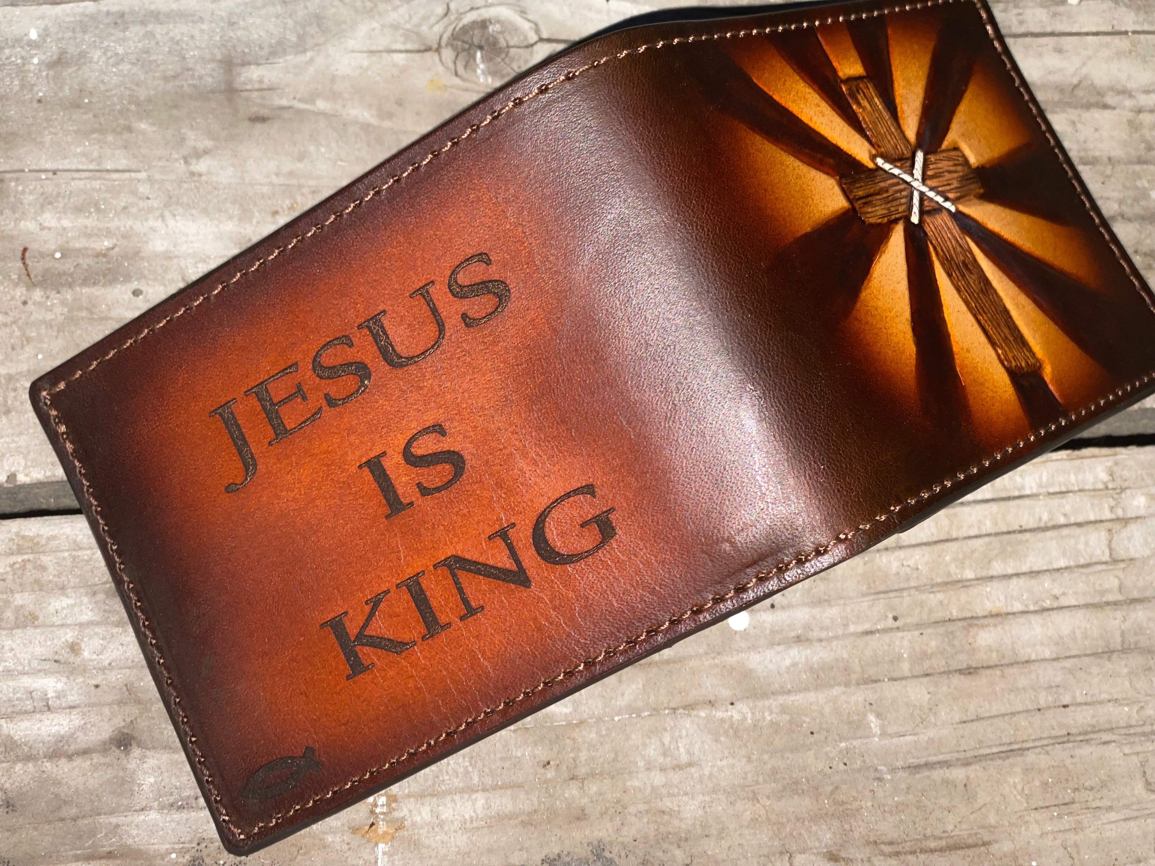 Jesus is King / Radiant Cross / Engraved and Hand Tooled Bifold Wallet