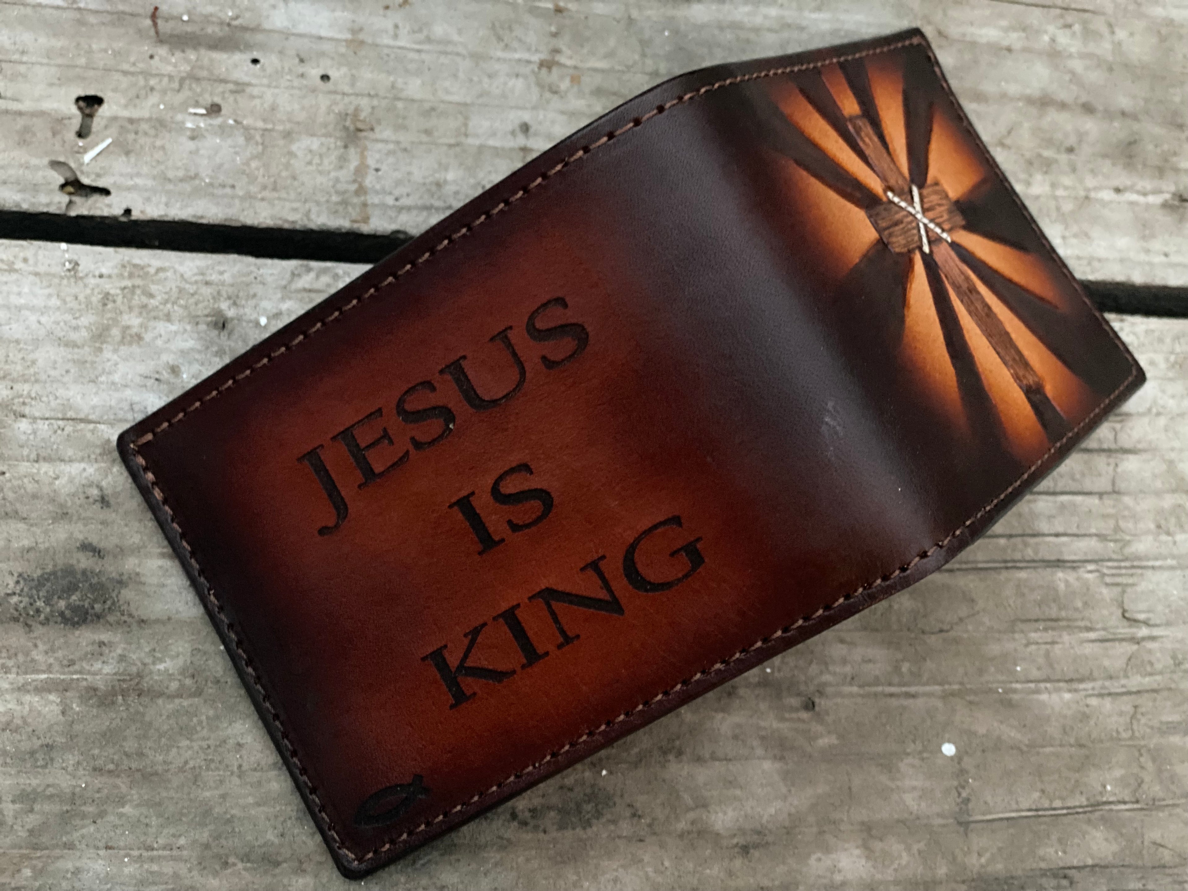 Jesus is King / Radiant Cross / Engraved and Hand Tooled Bifold Wallet