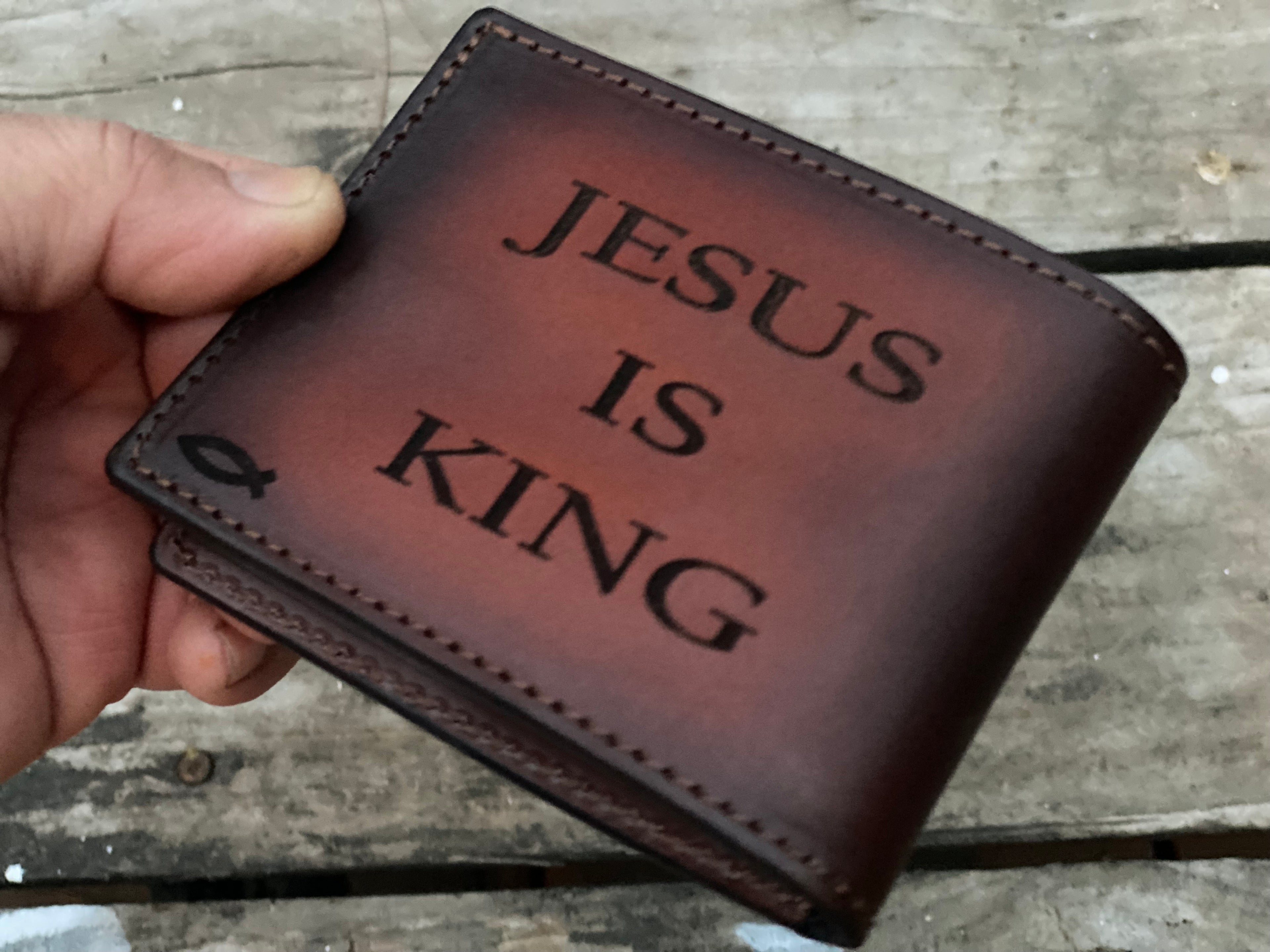Jesus is King / Radiant Cross / Engraved and Hand Tooled Bifold Wallet