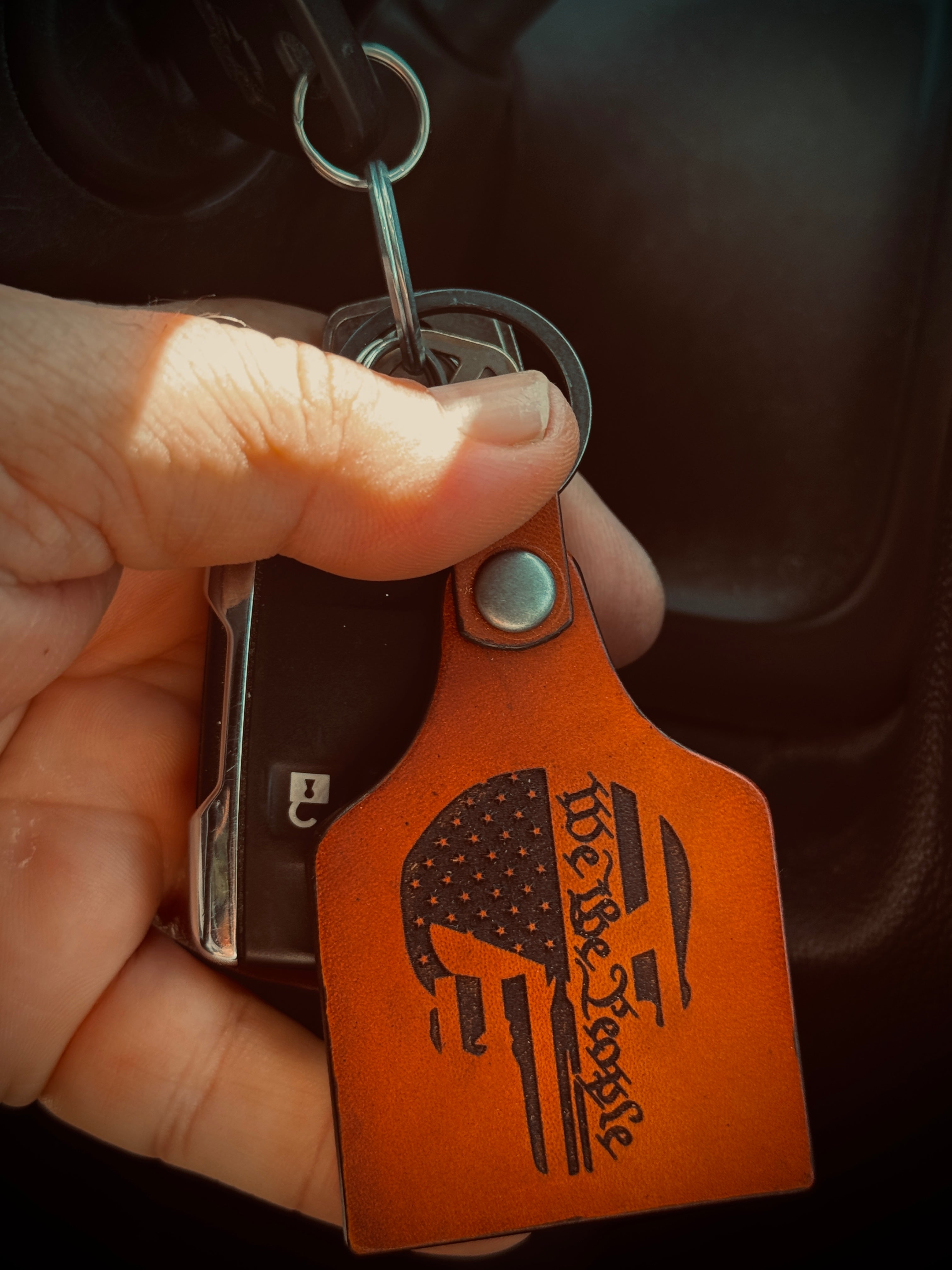 Punisher Skull / We The People Laser Engraved Leather Key Ring / Key Chain / Made in USA