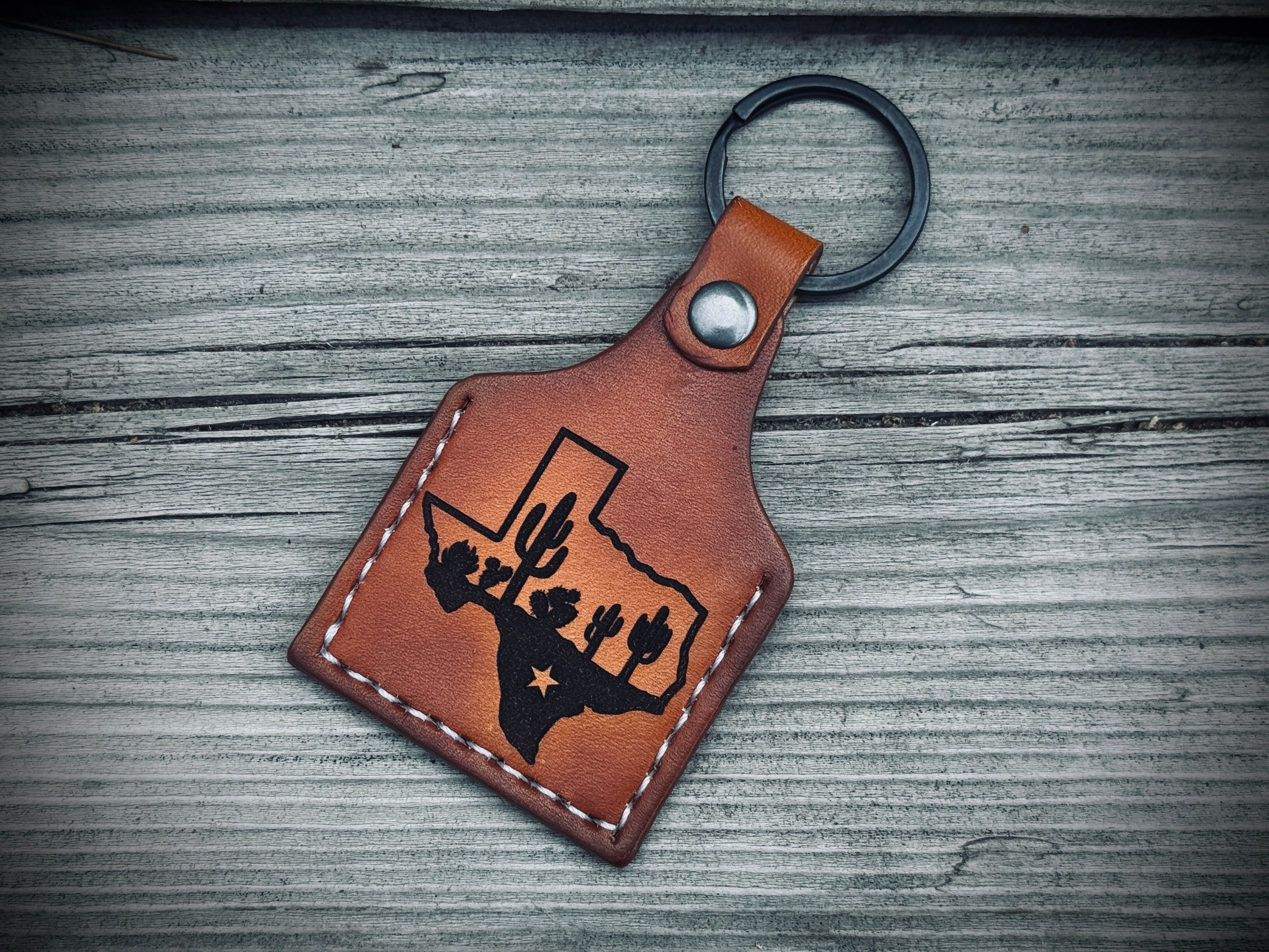 Texas Pride Deluxe - Laser Engraved Double Sided / Stitched Leather Key Chain