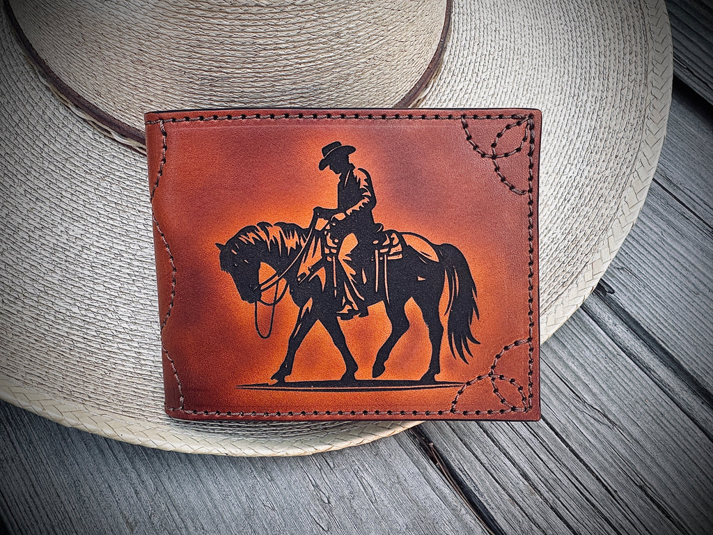 Cowboy Western Deluxe Bifold - Premium  laser engraved and stitched handmade leather wallet- Made In USA